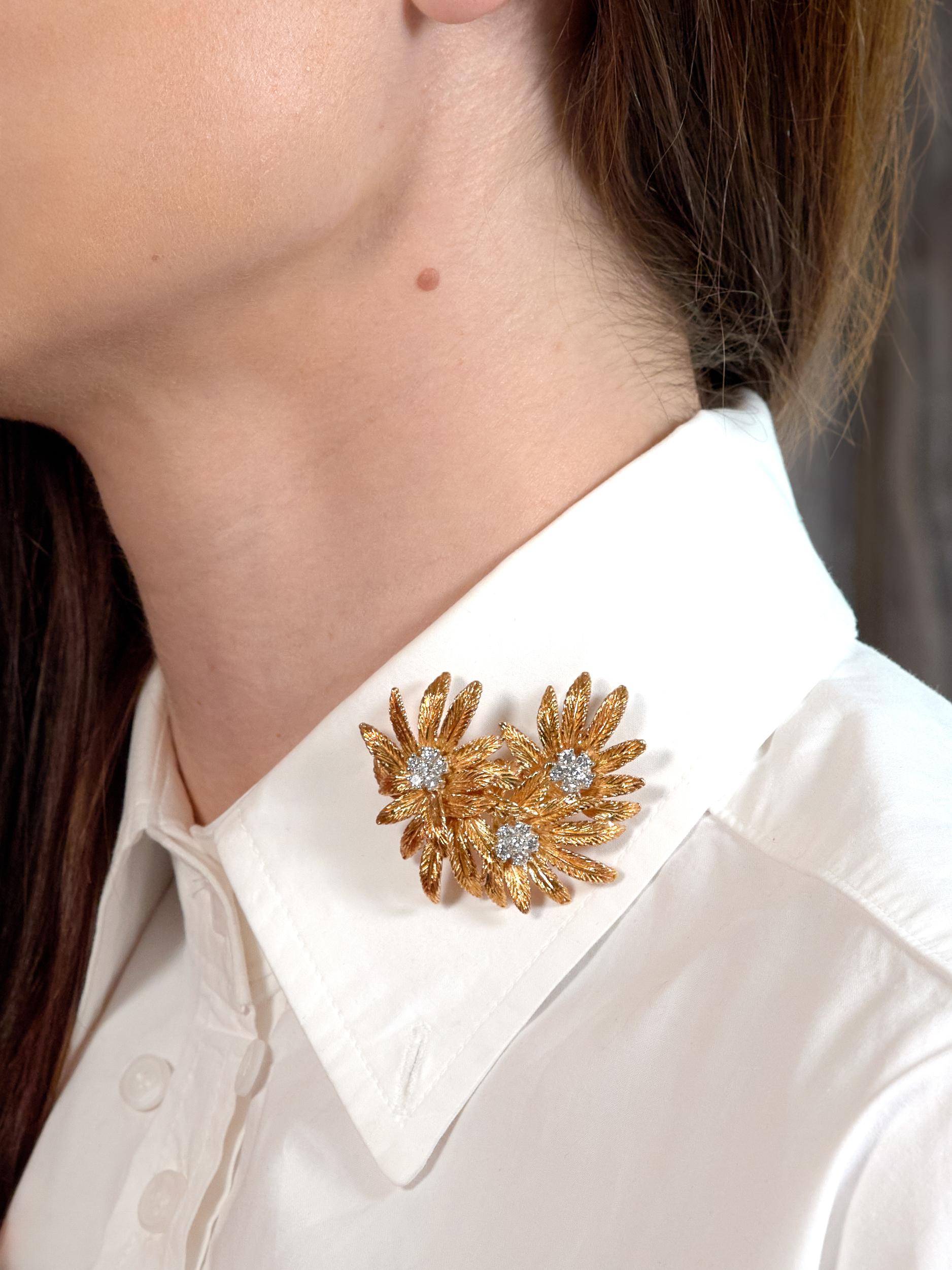 Tiffany & Co. Mid-Century 1.53 CTW Diamond 18 Karat Gold Vintage Flower Brooch