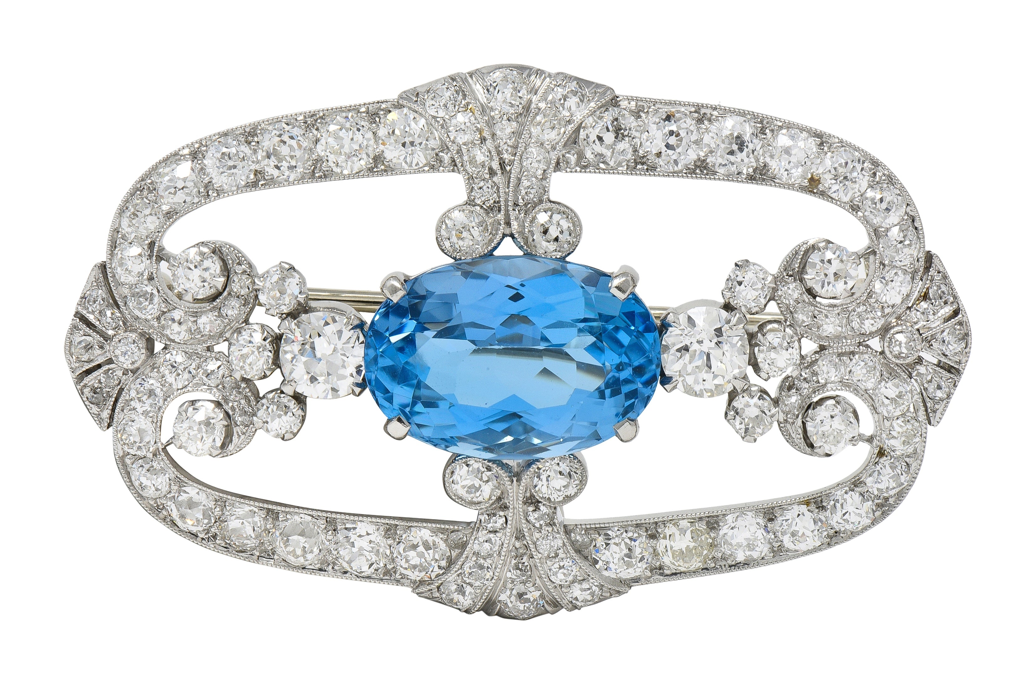 Late Art Deco 11.23 CTW Aquamarine Diamond Platinum Vintage Scrolling Brooch