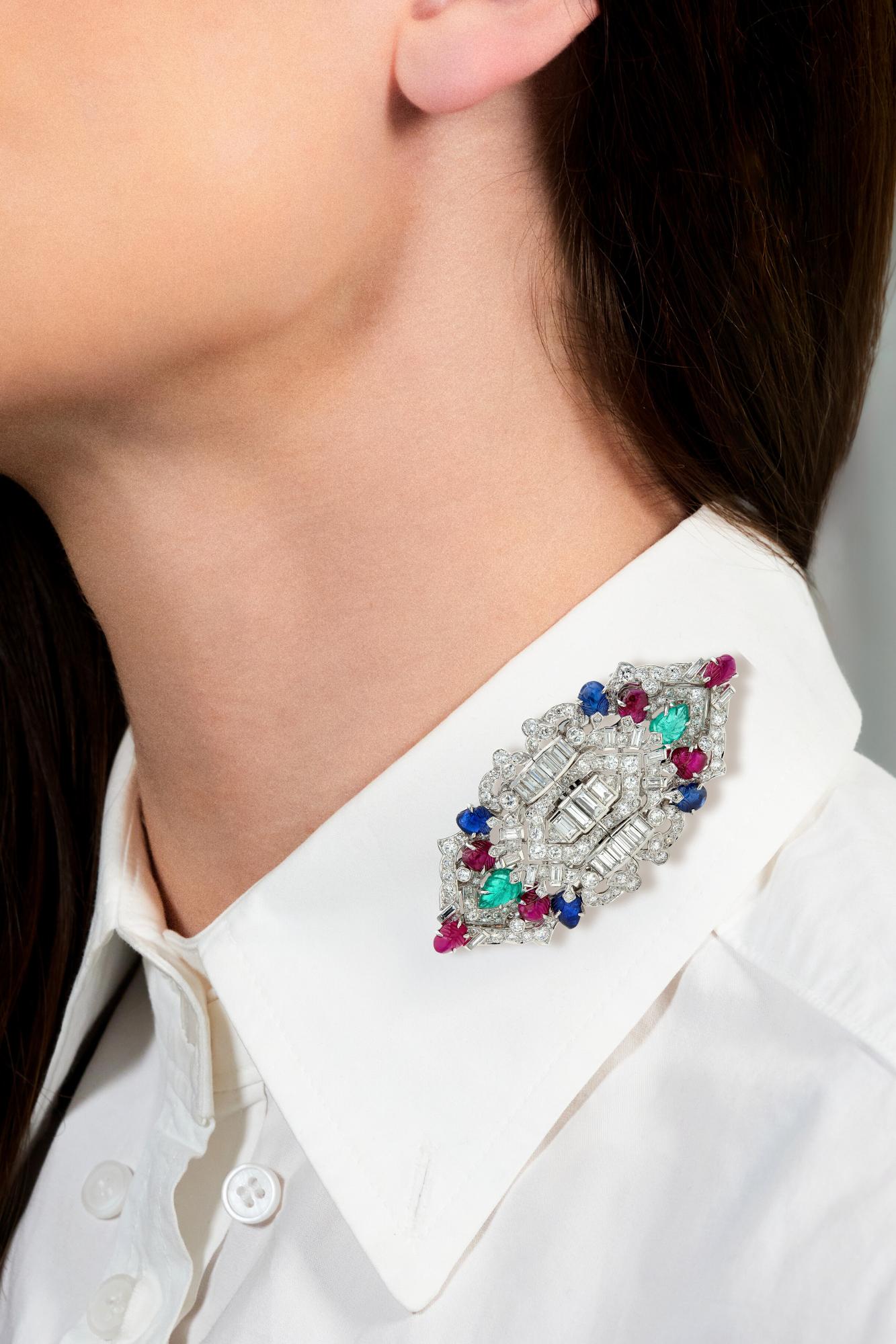 Art Deco Ruby Sapphire Diamond Platinum Vintage Tutti Frutti Brooch Clips