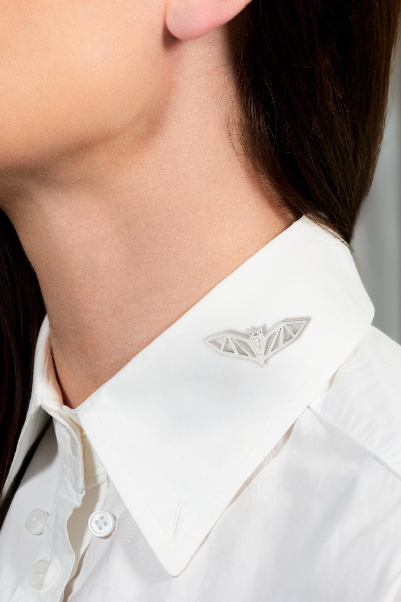 BRASH Platinum Fancy Diamond Faceted Geometric GEO Bat Unisex Brooch Pin