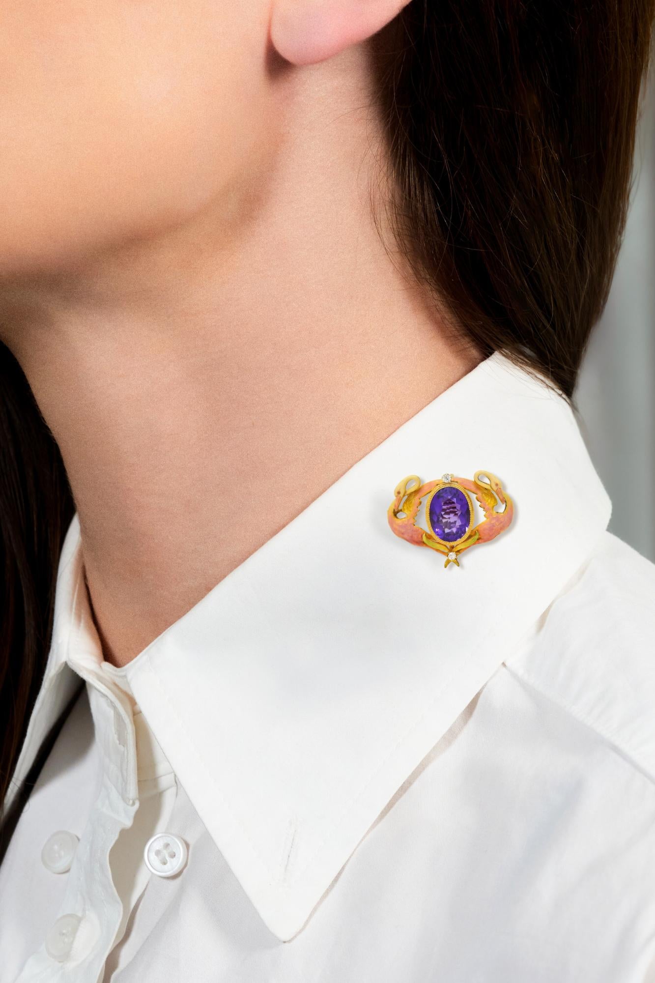 Art Nouveau Diamond Amethyst Enamel 18K Yellow Gold Antique Swan Pendant Brooch