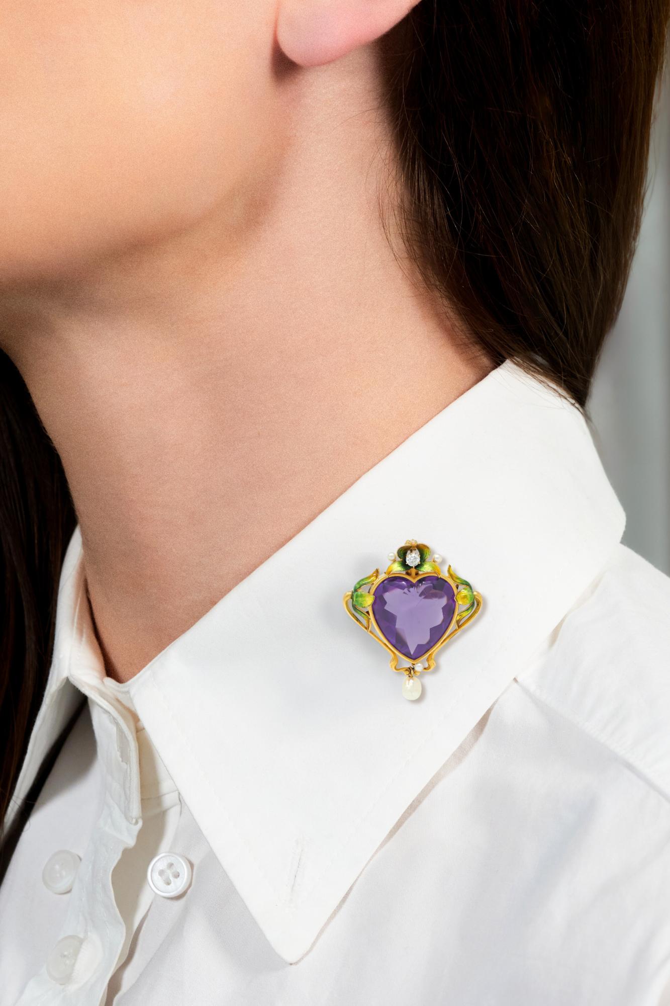 Art Nouveau Amethyst Pearl Enamel 18K Gold Antique Foliate Heart Pendant Brooch