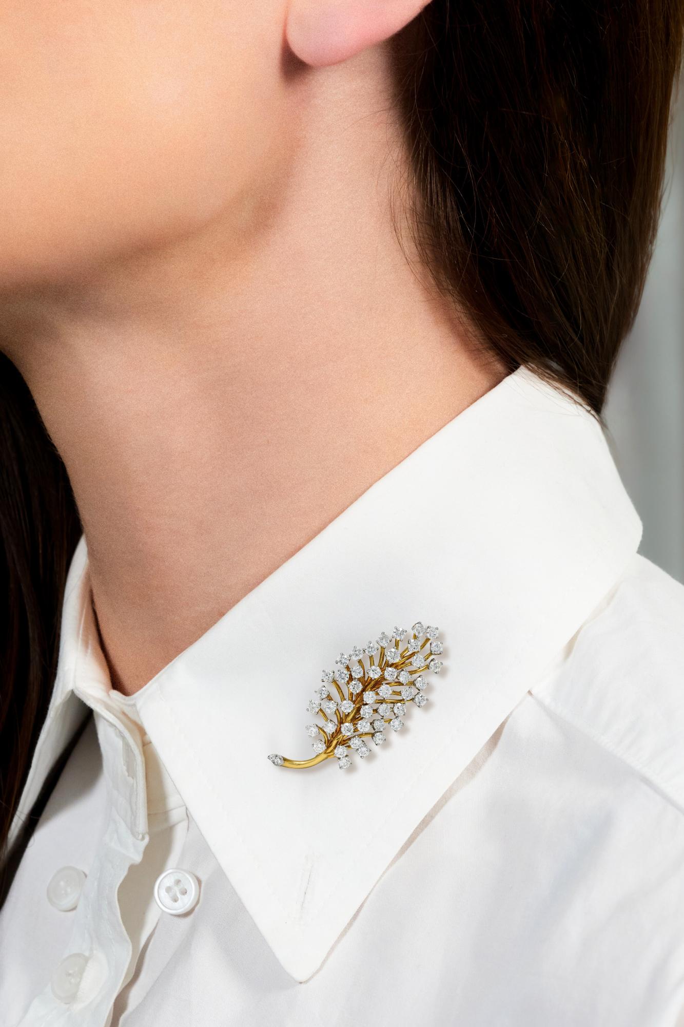Mid-Century 3.50 CTW Diamond Platinum 18K Gold Vintage Foliate Brooch