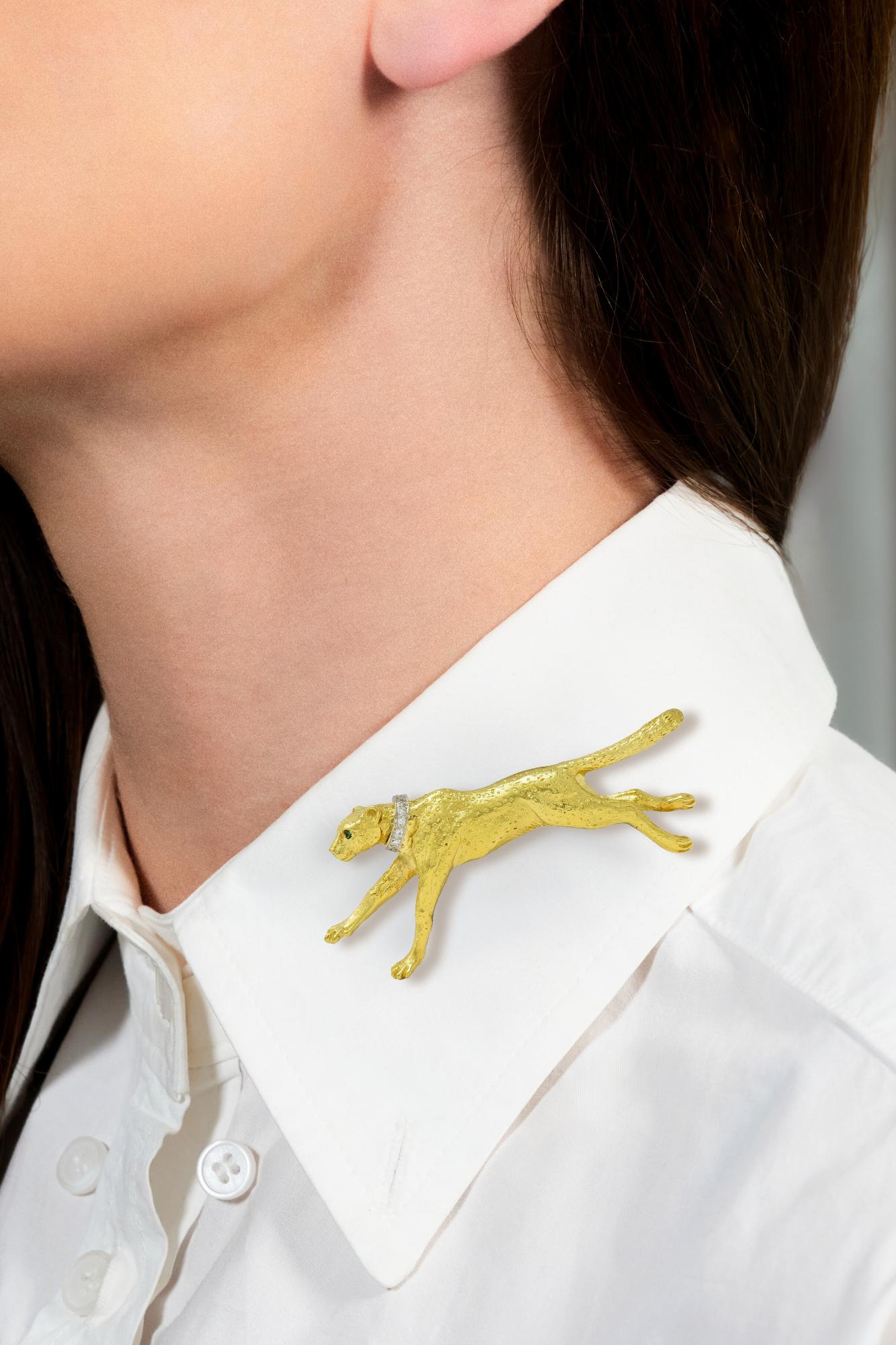 Lagos Contemporary Emerald Diamond 18 Karat Gold Cheetah Brooch