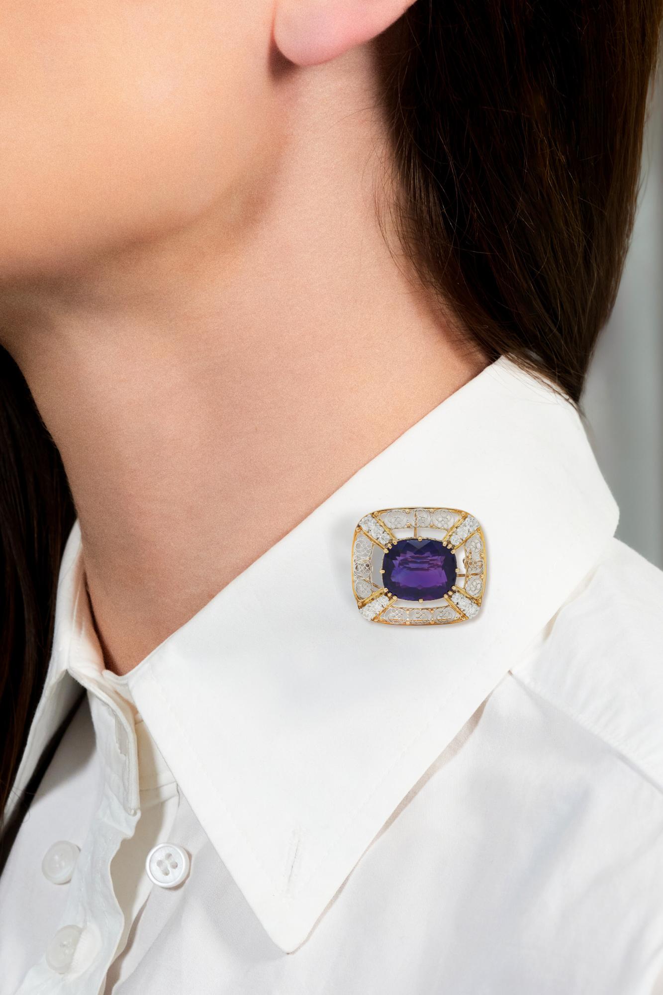 Louis Comfort Tiffany & Co. Amethyst Diamond Platinum 14K Gold Antique Brooch