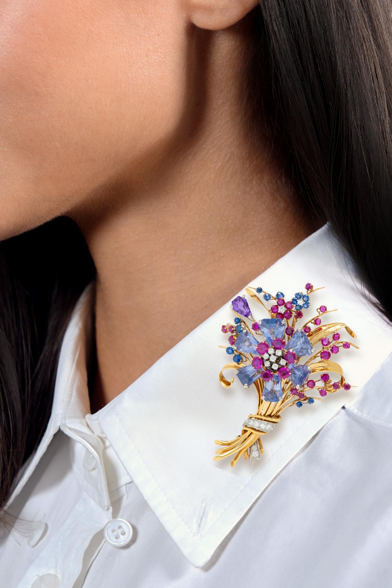 Tiffany & Co. Retro Sapphire Ruby Diamond 18K Gold Vintage Floral Spray Brooch