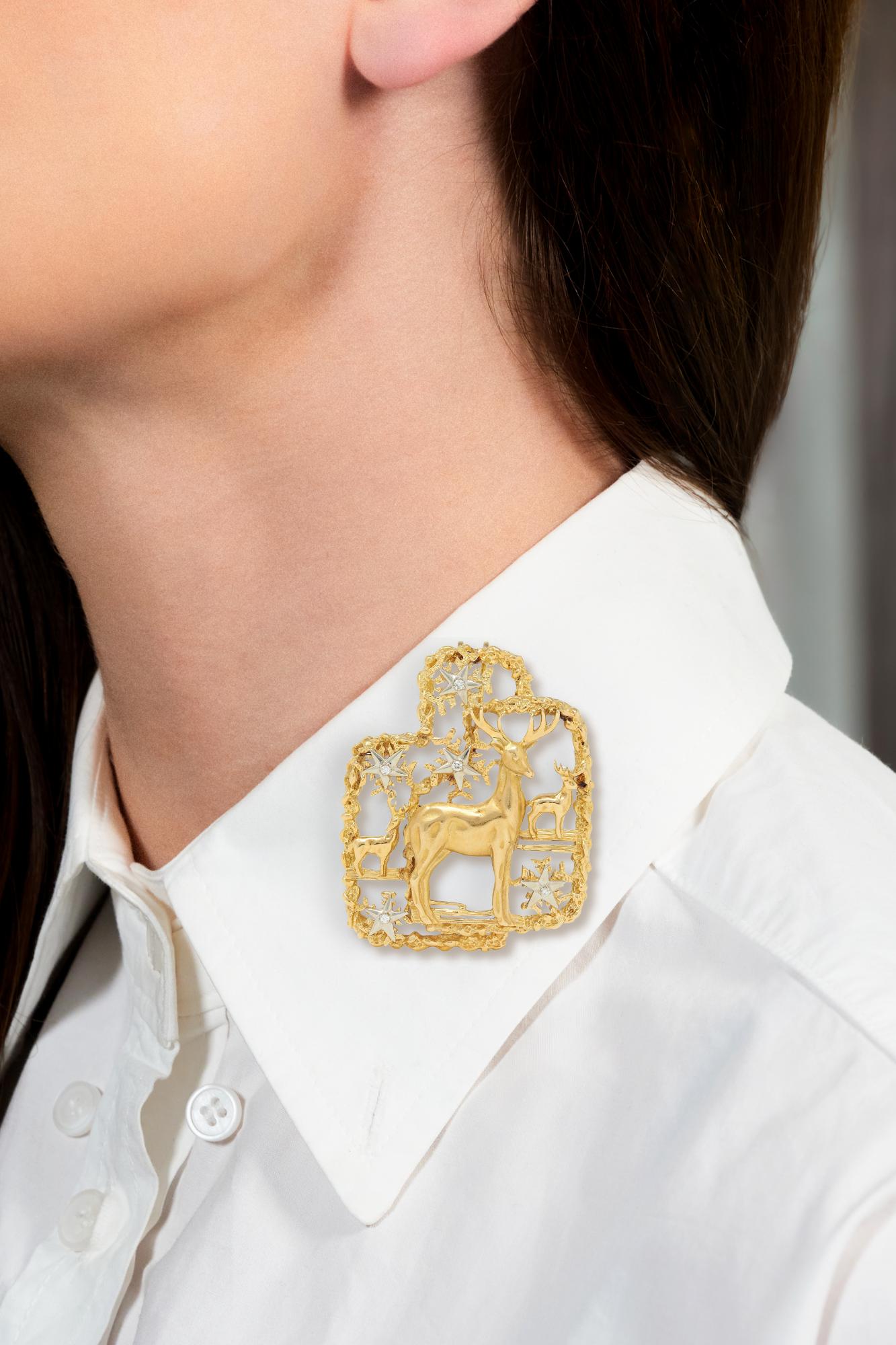 Peter Lindeman 1975 Diamond 18 Karat Two-Tone Gold Vintage Reindeer Xmas Brooch