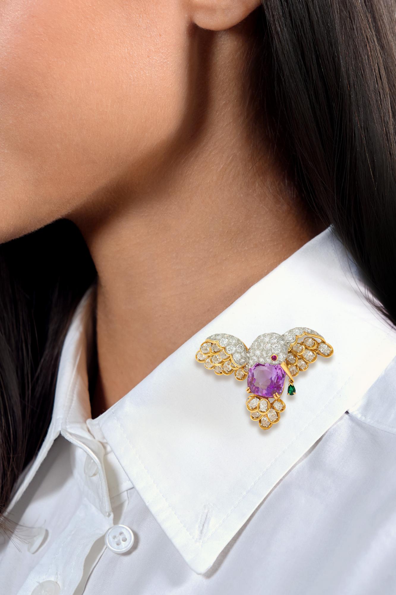 Oscar Heyman Vintage Ceylon Sapphire Multi-Gem Platinum 18K Hummingbird Brooch