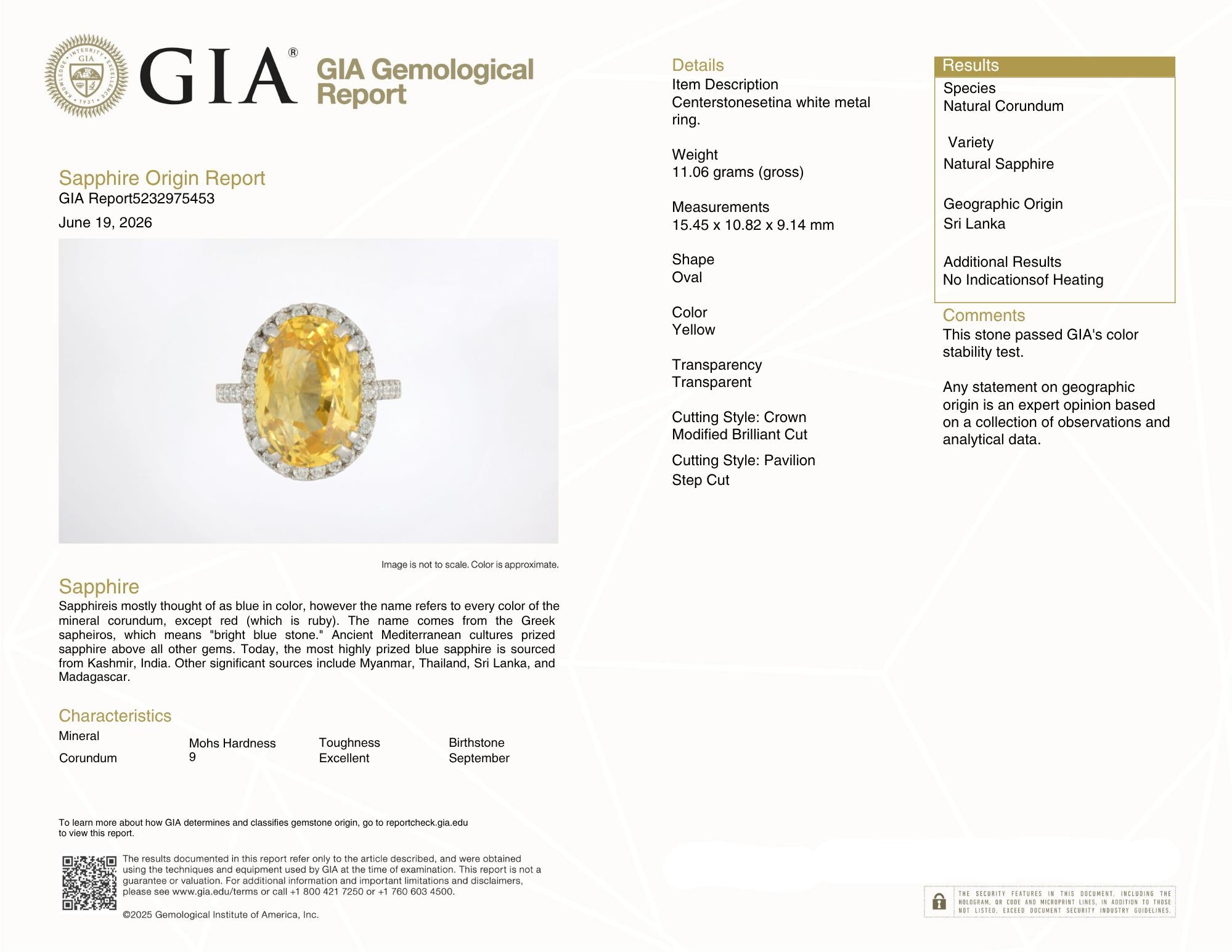 Contemporary No Heat Yellow Ceylon Sapphire Diamond Platinum Halo Ring GIA