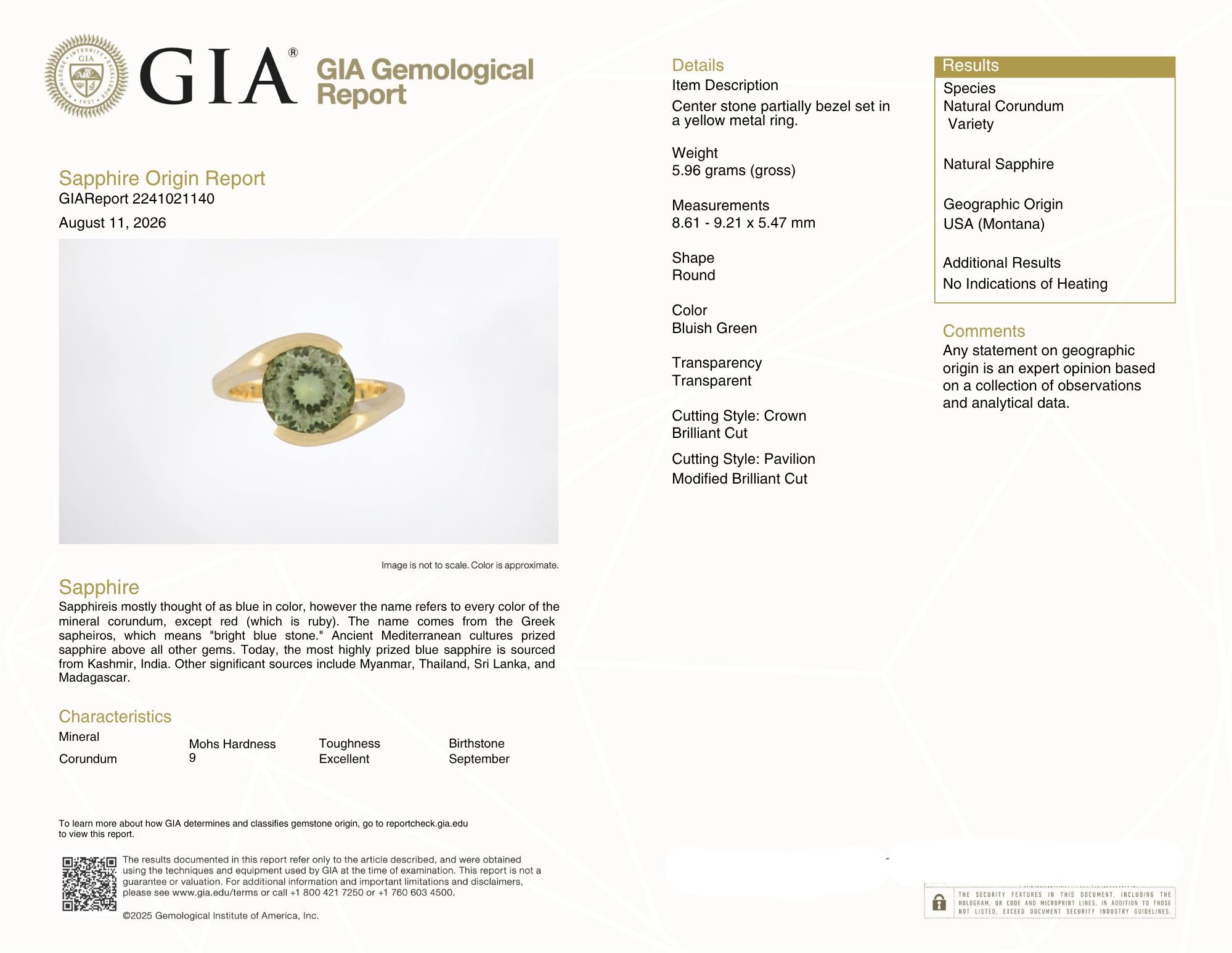 2000's 3.01 CT No Heat Montana Green Sapphire 14K Yellow Gold Bypass Ring GIA