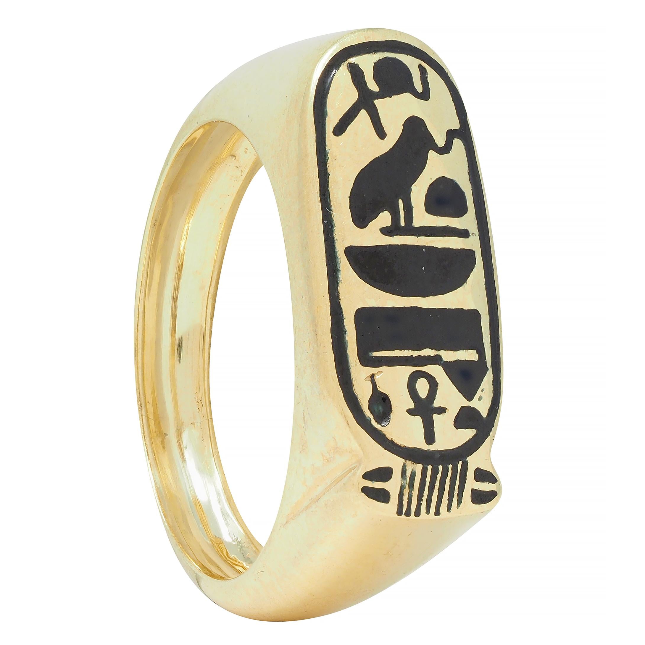 Contemporary Enamel 14 Karat Yellow Gold Egyptian Revival Cartouche Signet Ring