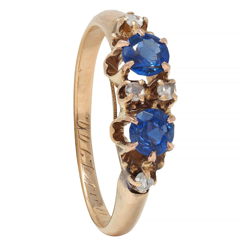 Late Victorian 1900 Sapphire Diamond 14 Karat Gold Antique Belcher Band Ring