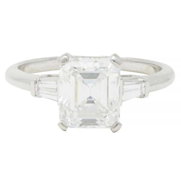Mid-Century 2.17 CTW Emerald Cut Diamond Platinum Three Stone Engagement Ring