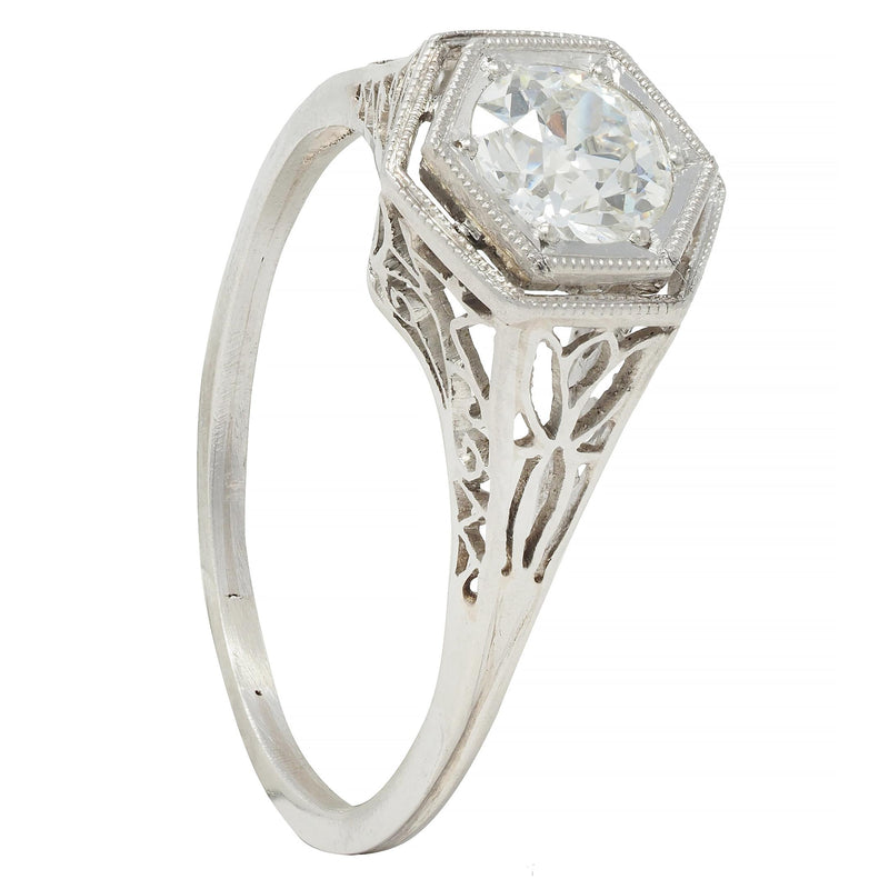 Art Deco Vintage Old European Diamond Platinum Scrolling Lotus Engagement Ring
