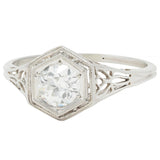 Art Deco Vintage Old European Diamond Platinum Scrolling Lotus Engagement Ring