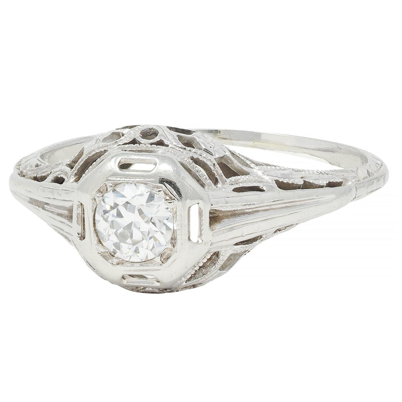 Art Deco Old European Diamond 18K White Gold Orange Blossom Engagement Ring