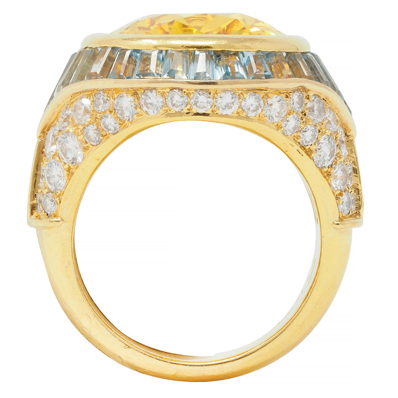 Bulgari Vintage Yellow Sapphire Aquamarine Diamond 18 Karat Gold Halo Ring