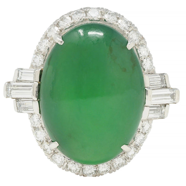 Mid-Century Natural Jadeite Jade Diamond Platinum Vintage Halo Ring GIA