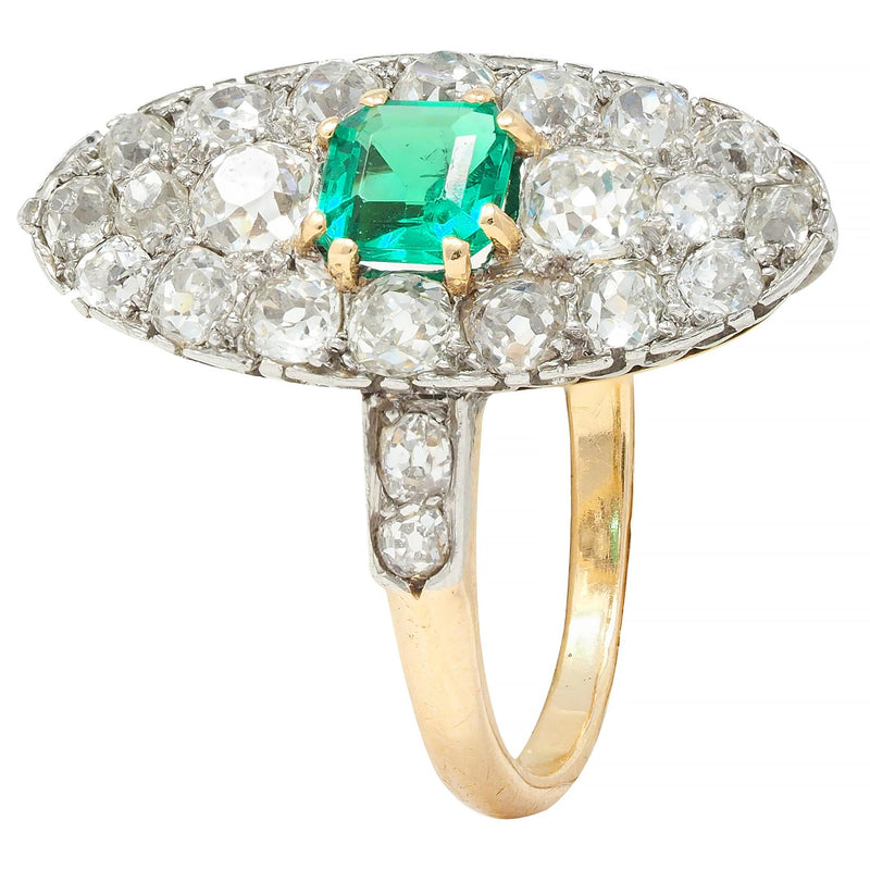 Edwardian French Antique Emerald Diamond Platinum 14 Karat Gold Navette Ring
