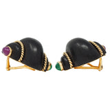 Verdura 1990s Ruby Emerald Wood 18 Karat Yellow Gold Shell Ear-Clip Earrings
