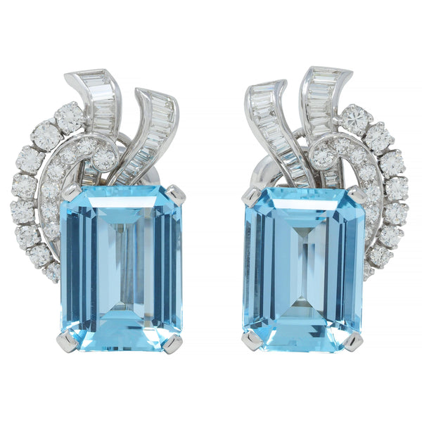 Mid-Century 18.44 CTW Aquamarine Diamond Platinum 14 Karat Gold Vintage Earrings