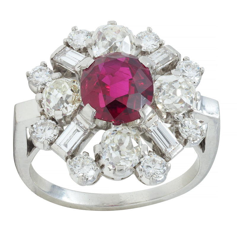 1950's Vintage 4.53 CTW Thai Ruby Diamond Platinum Burst Cluster Ring GIA