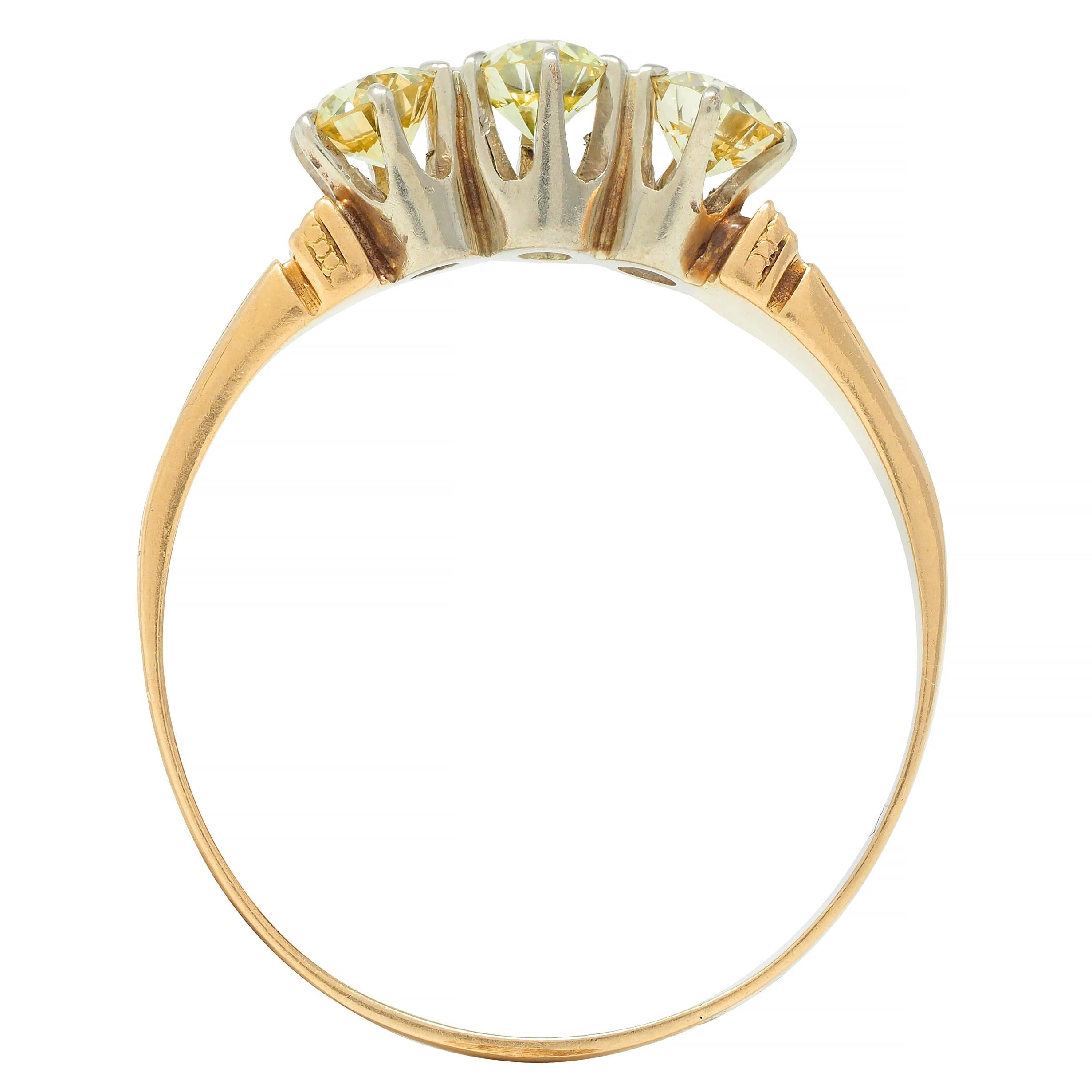 Victorian Fancy Yellow Diamond Platinum 18 Karat Gold Three Stone Antique Ring