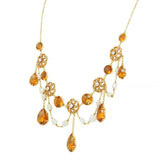Victorian 23.72 CTW Citrine Pearl 14 Karat Yellow Gold Swagged Antique Necklace