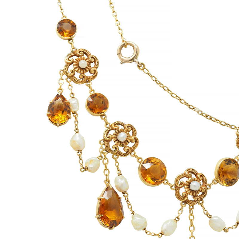 Victorian 23.72 CTW Citrine Pearl 14 Karat Yellow Gold Swagged Antique Necklace