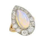 Edwardian Antique Pear Jelly Opal Diamond Platinum 14 Karat Gold Halo Ring