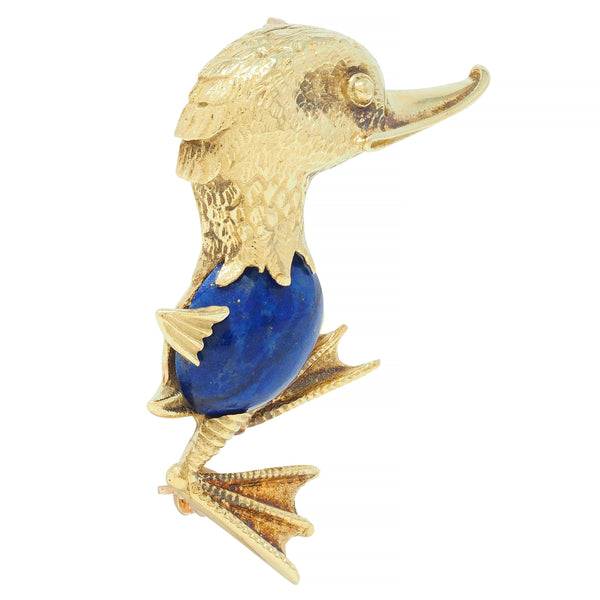 Vintage Lapis Lazuli 18 Karat Yellow Gold Whimsical Duck Brooch