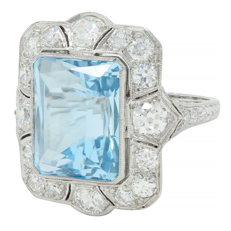 Art Deco 8.48 CTW Aquamarine Diamond Platinum Vintage Cocktail Ring