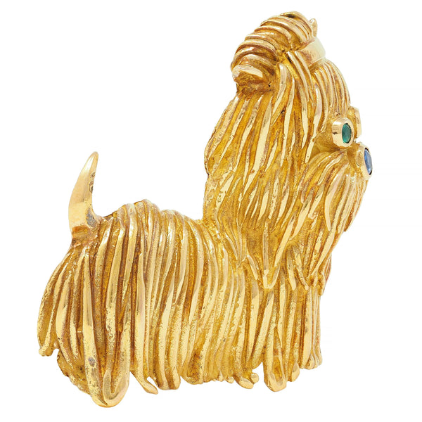 French 1960's Emerald Sapphire 18 Karat Yellow Gold Maltese Dog Vintage Brooch