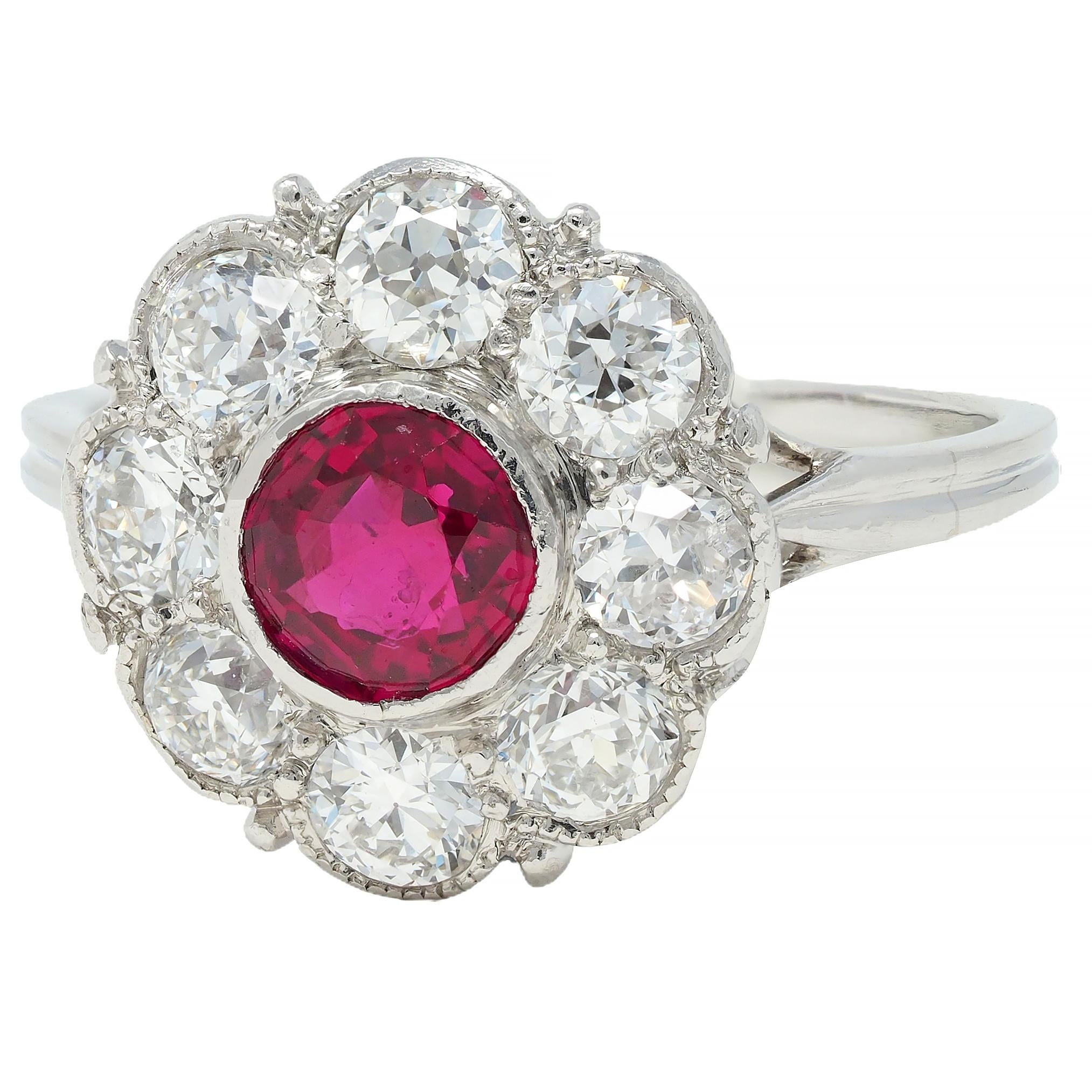 Art Deco 2.06 CTW No Heat Burma Ruby Diamond Platinum Vintage Halo Ring GIA