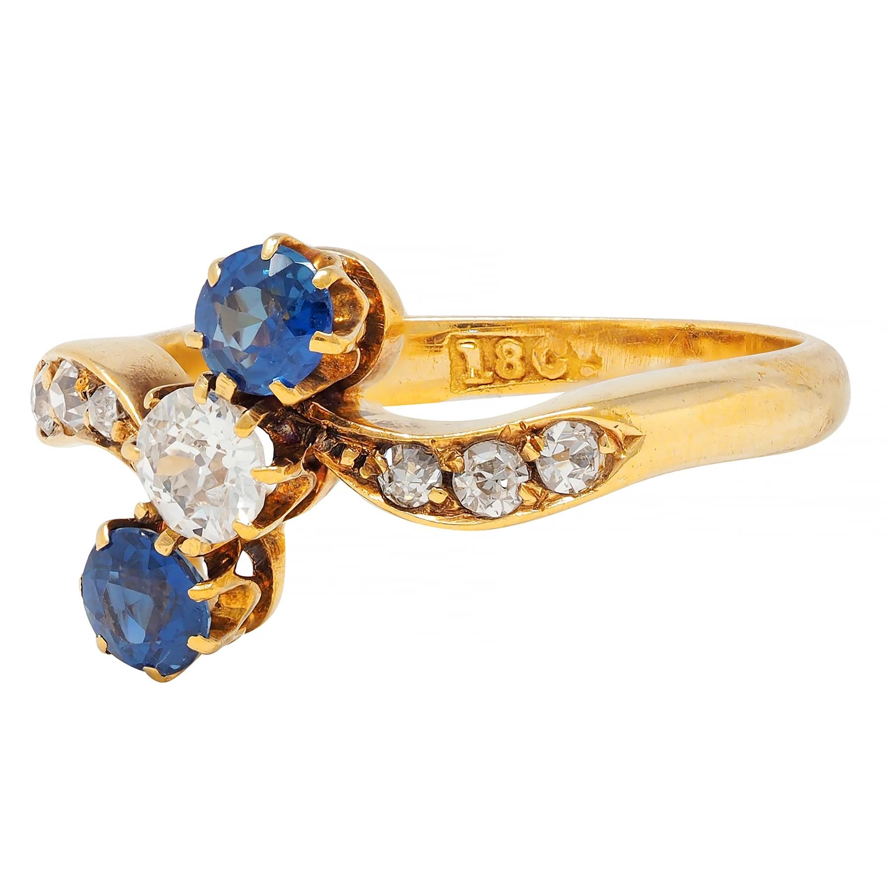 Victorian 0.68 CTW Sapphire Diamond 18 Karat Yellow Gold Antique Bypass Ring