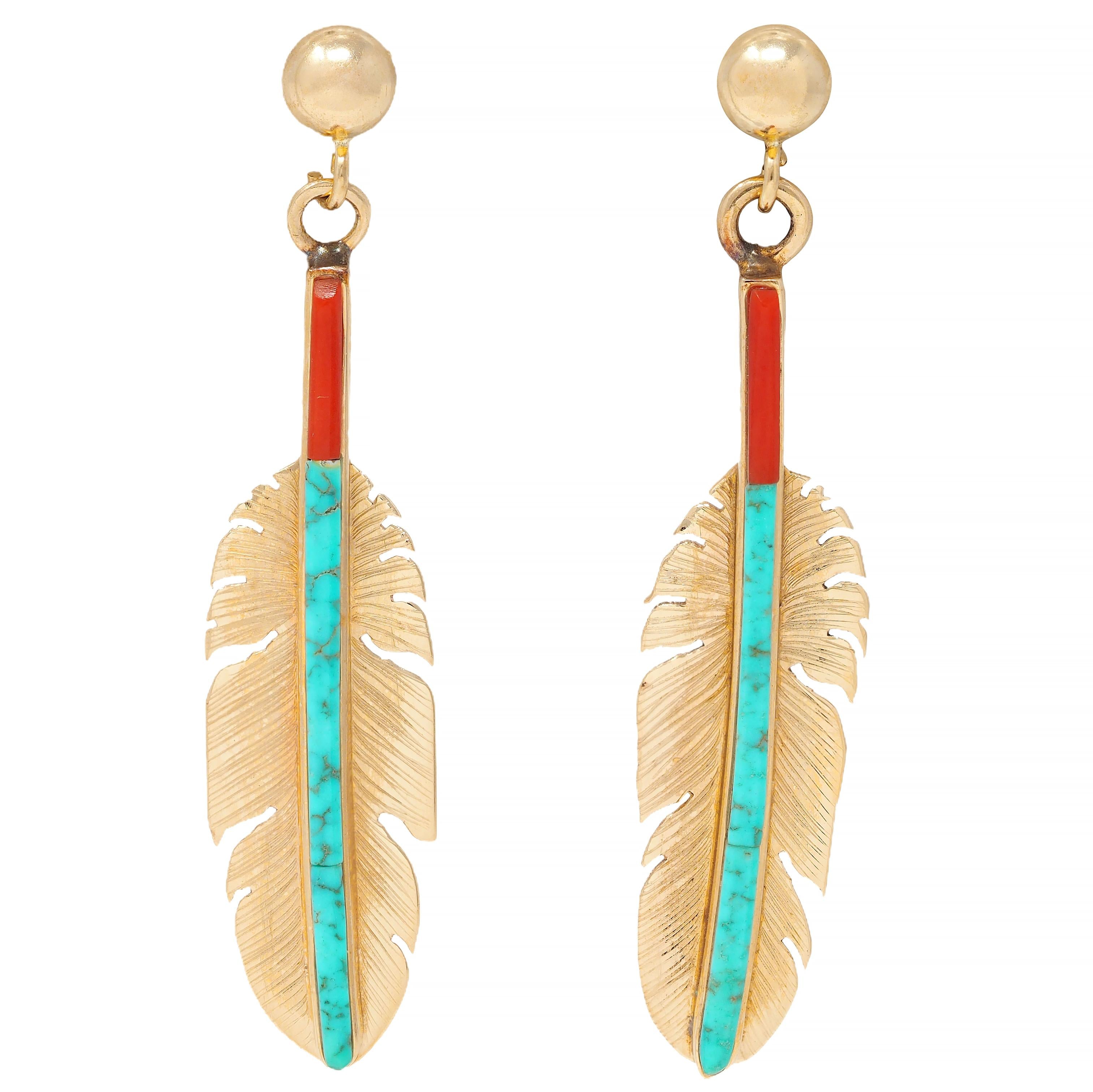 Turquoise Carnelian 14 Karat Yellow Gold Vintage Feather Drop Earrings
