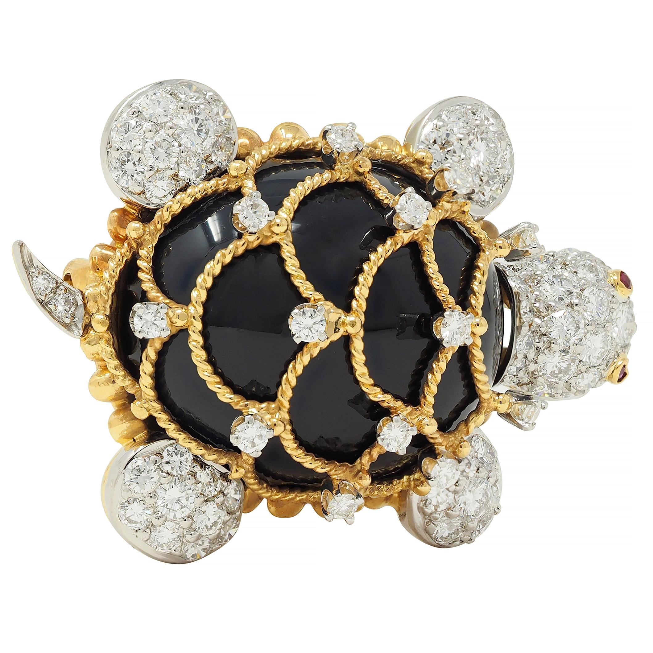 Hammerman 1960s 2.60 CTW Diamond Ruby Onyx Platinum 18K Gold Turtle Brooch