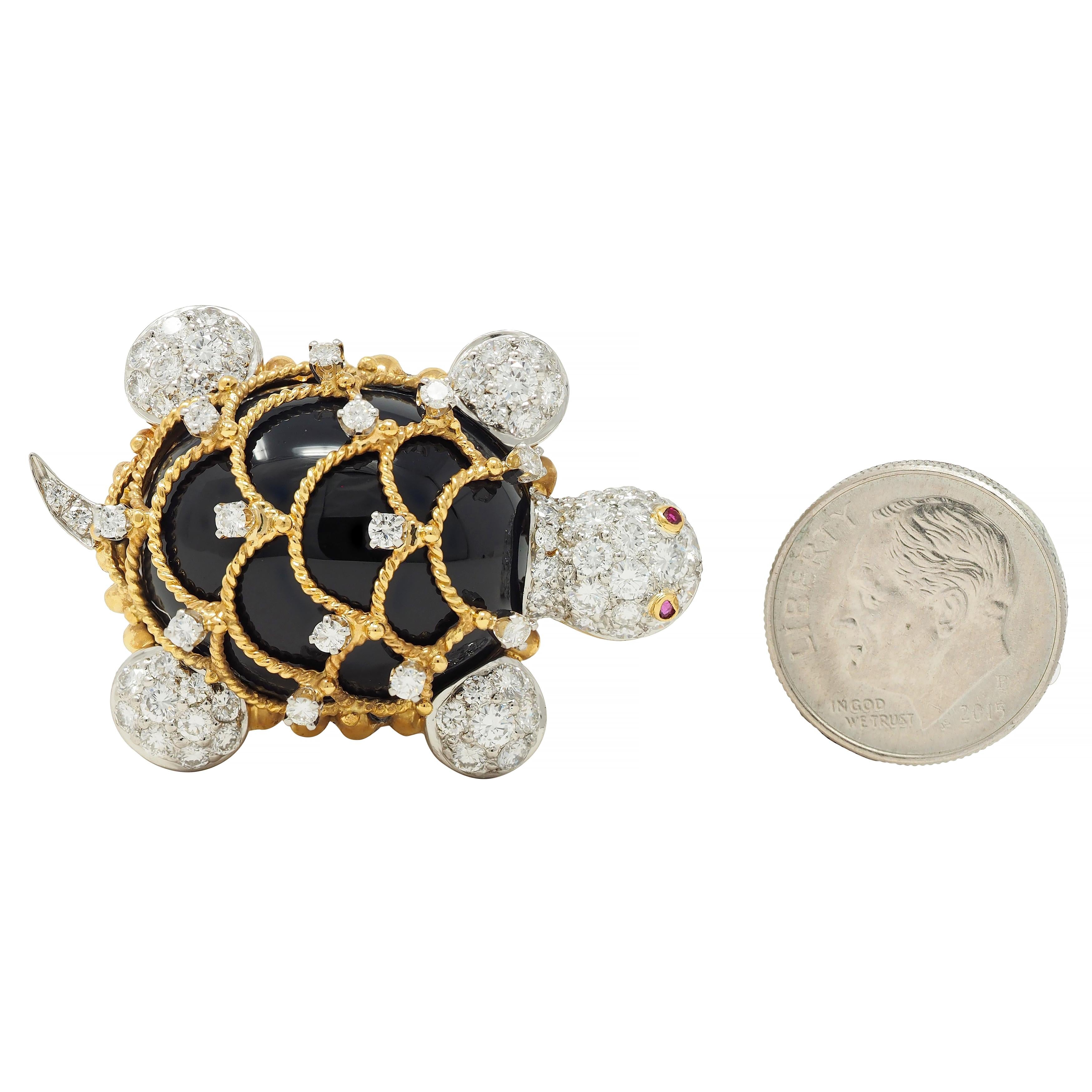 Hammerman 1960s 2.60 CTW Diamond Ruby Onyx Platinum 18K Gold Turtle Brooch