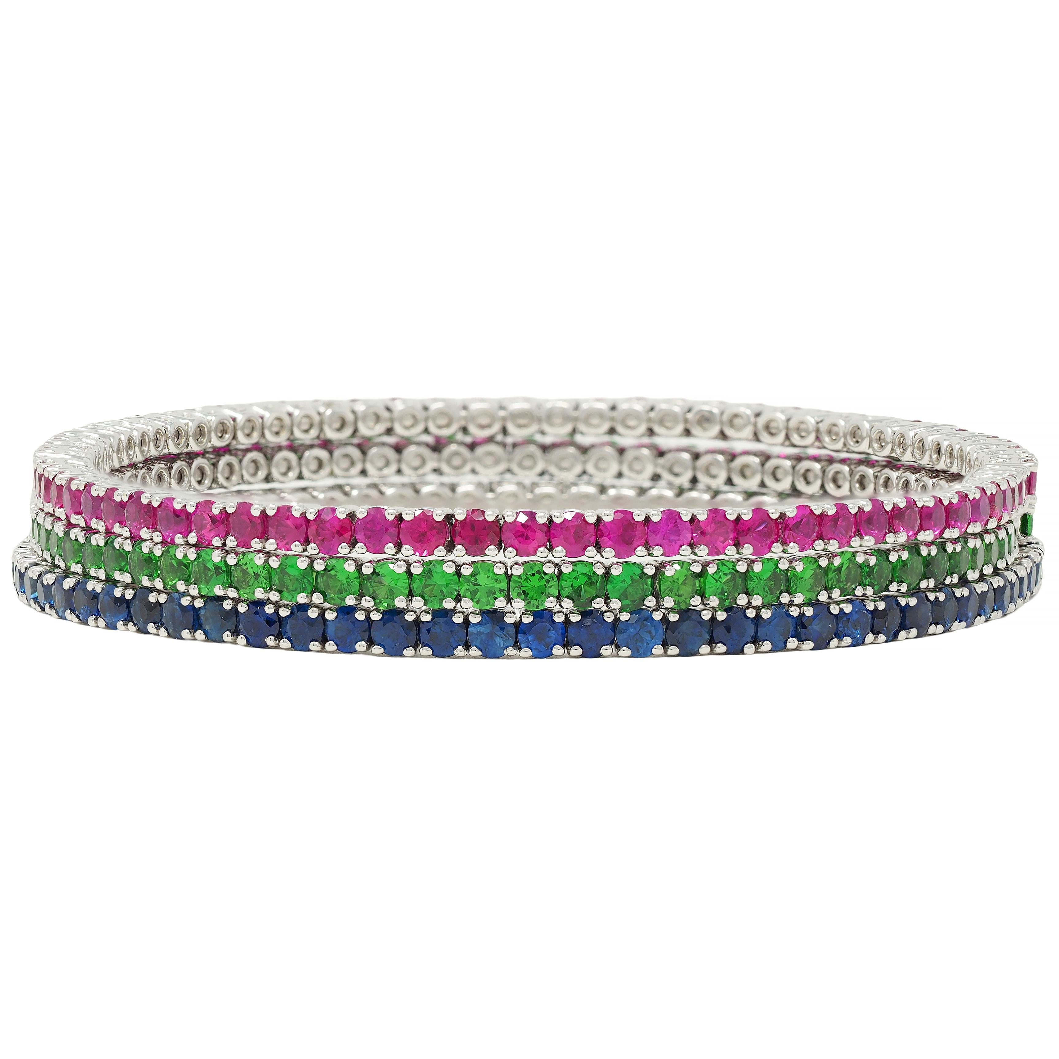 11.00 CTW Ruby Sapphire Tsavorite Garnet 18K Gold Flex Cuff Bracelet Set