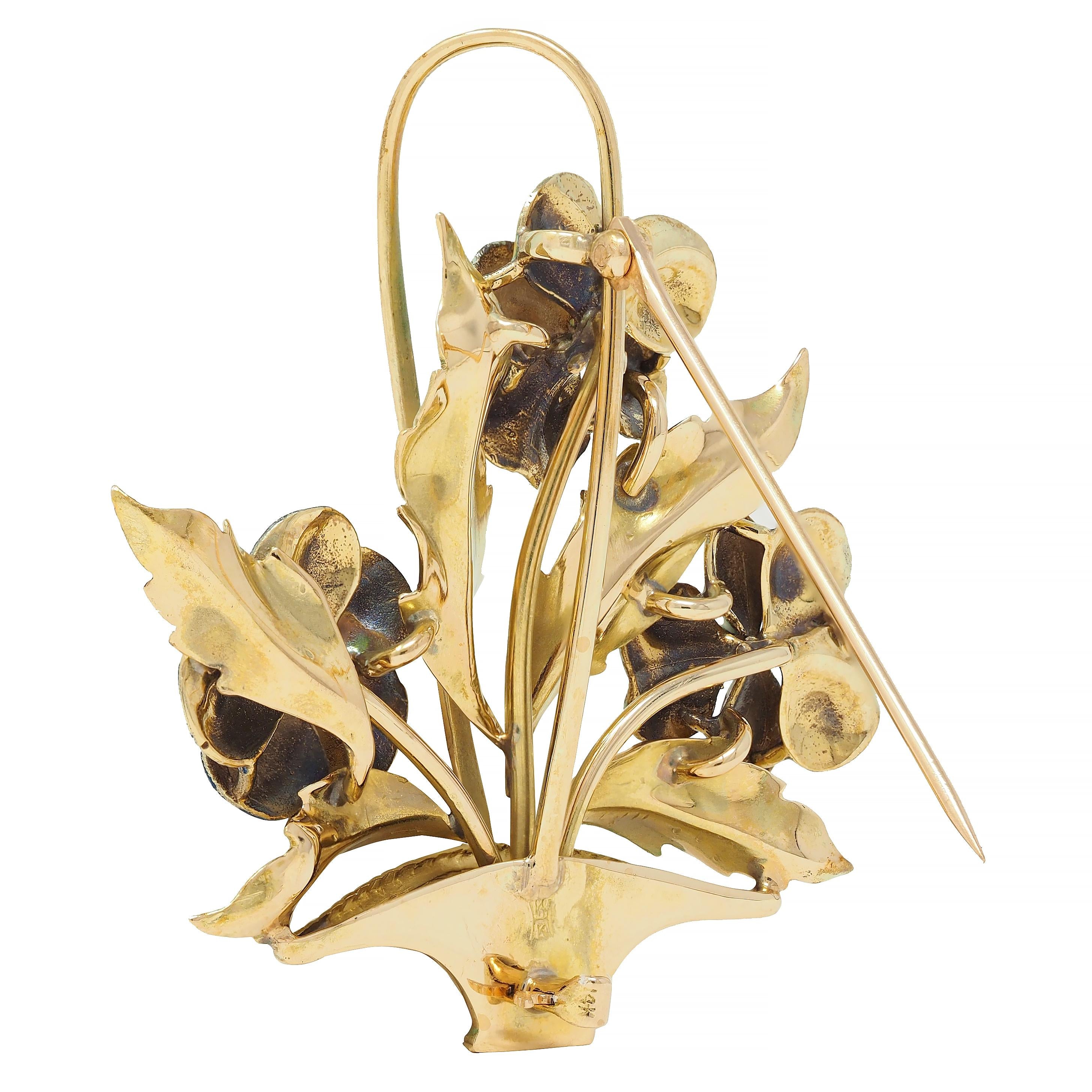 A. J. Hedges & Co. Enamel Diamond 14 Karat Gold Antique Basket Of Pansies Brooch