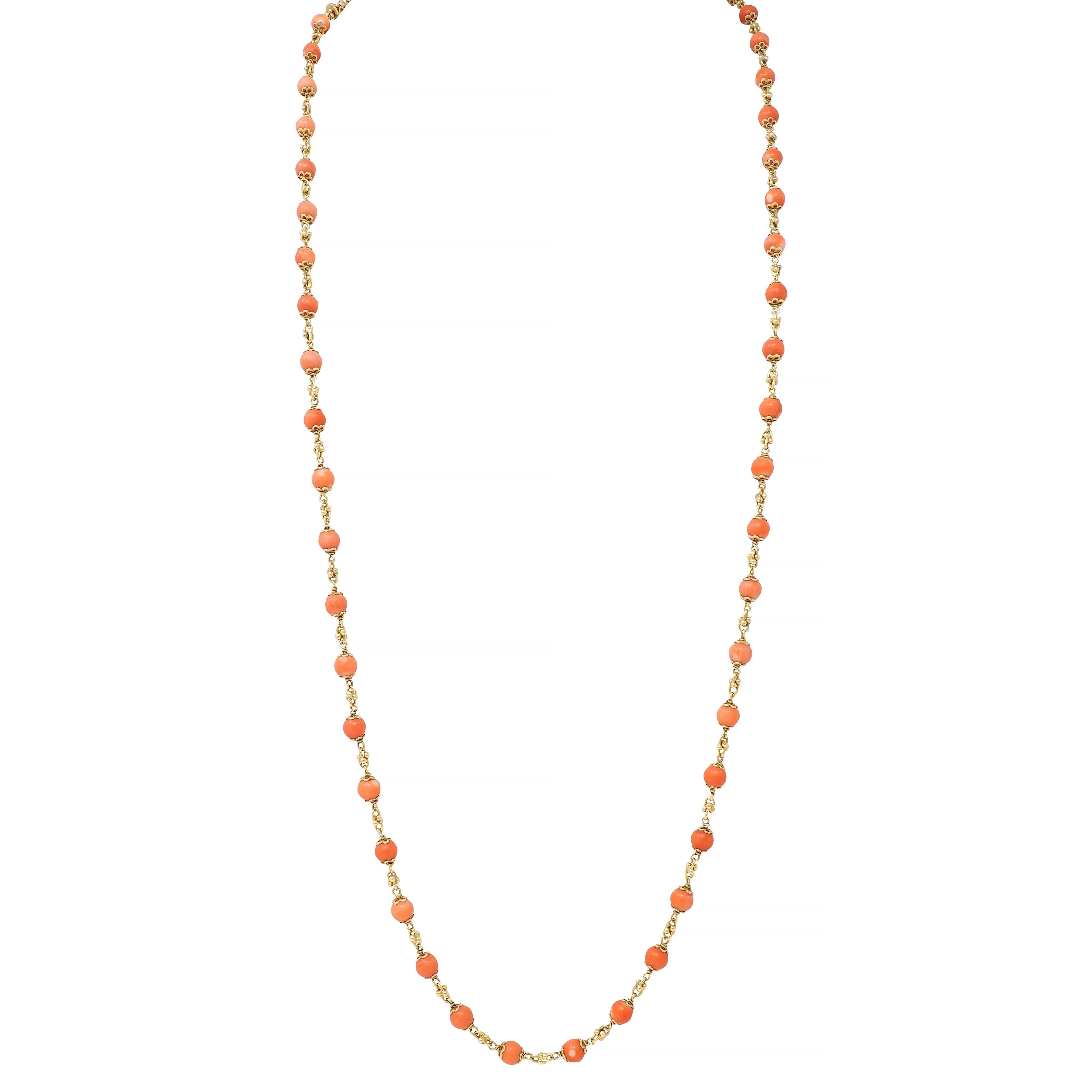French Coral 18 Karat Yellow Gold Vintage Beaded Chain Link Bracelet & Necklace