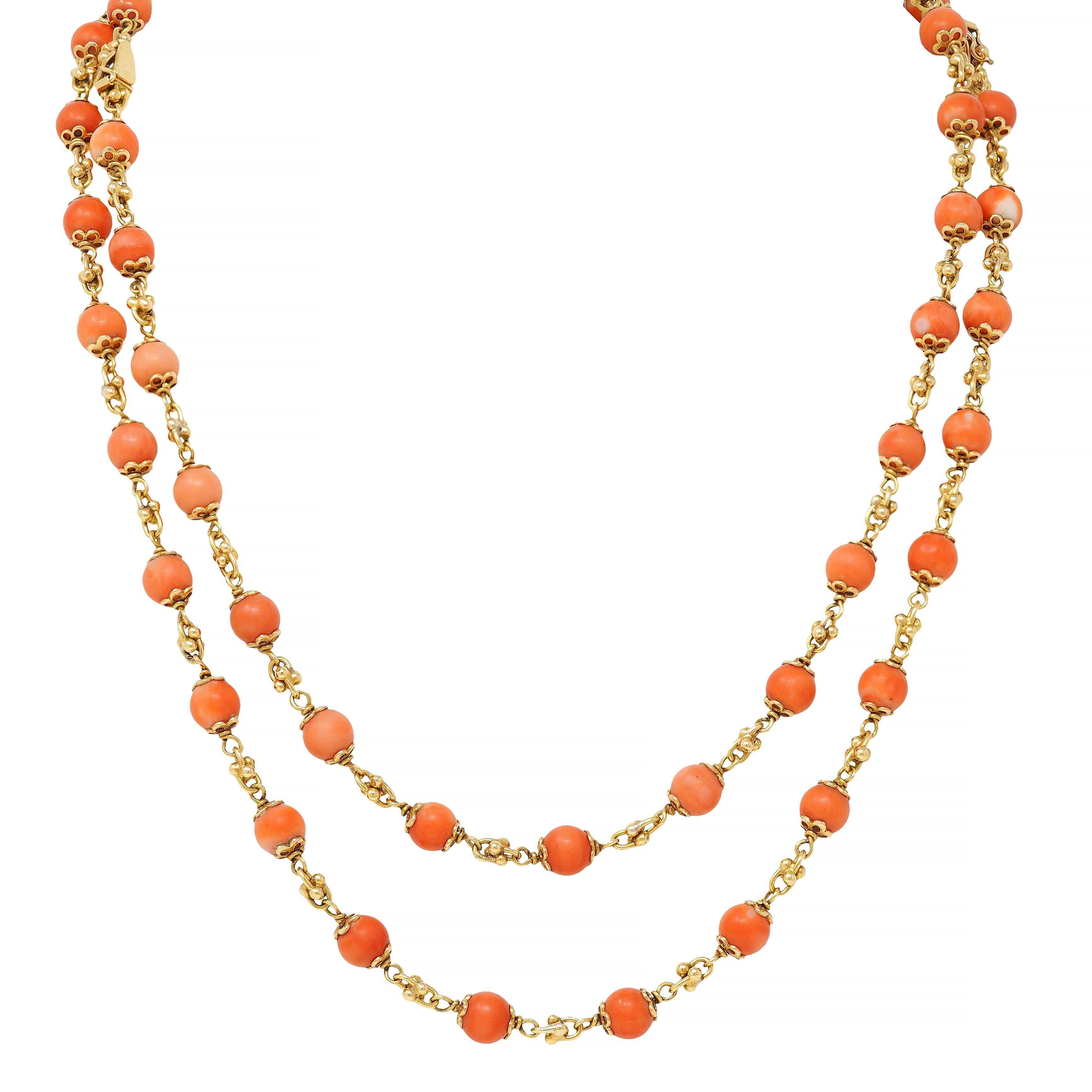 French Coral 18 Karat Yellow Gold Vintage Beaded Chain Link Bracelet & Necklace