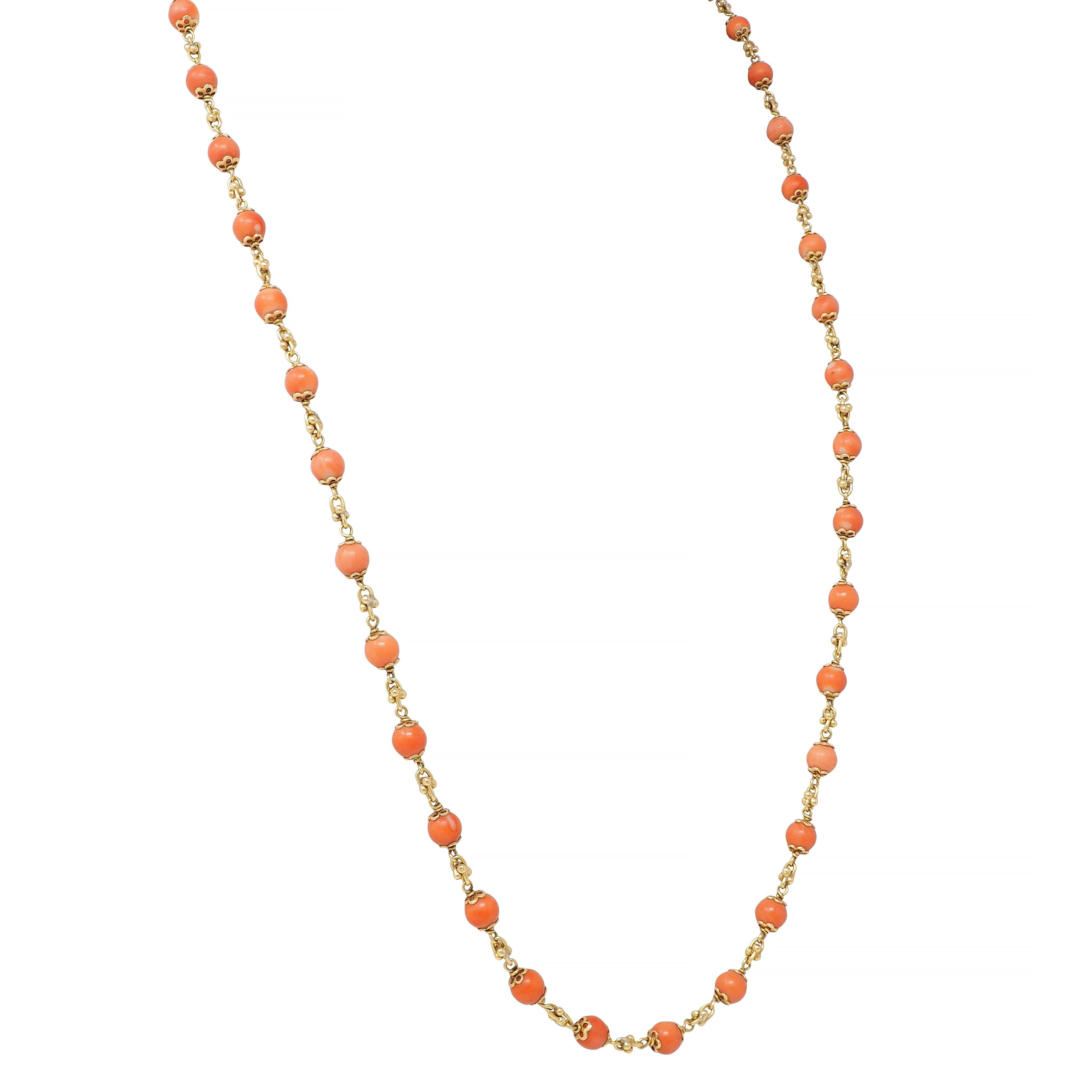 French Coral 18 Karat Yellow Gold Vintage Beaded Chain Link Bracelet & Necklace
