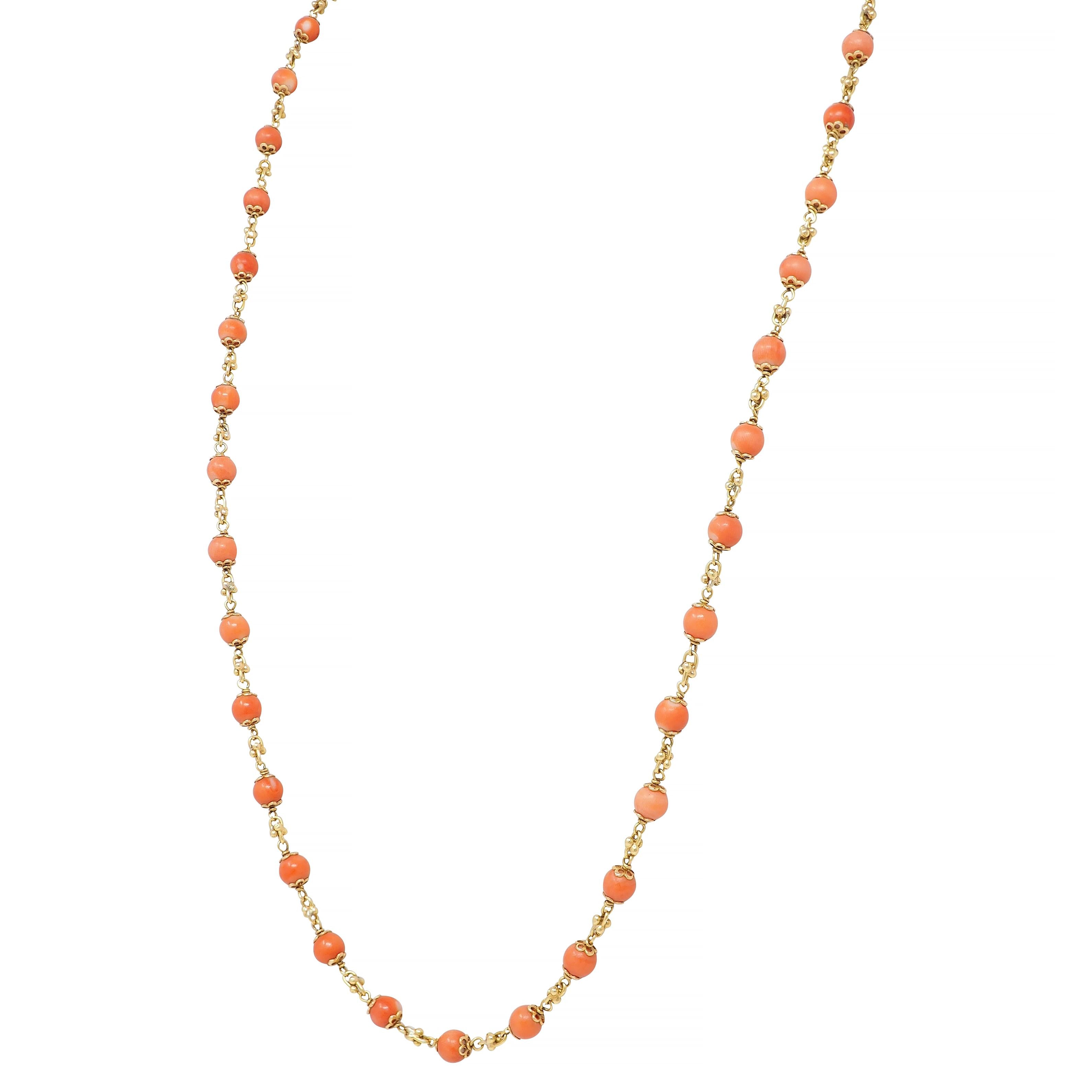 French Coral 18 Karat Yellow Gold Vintage Beaded Chain Link Bracelet & Necklace
