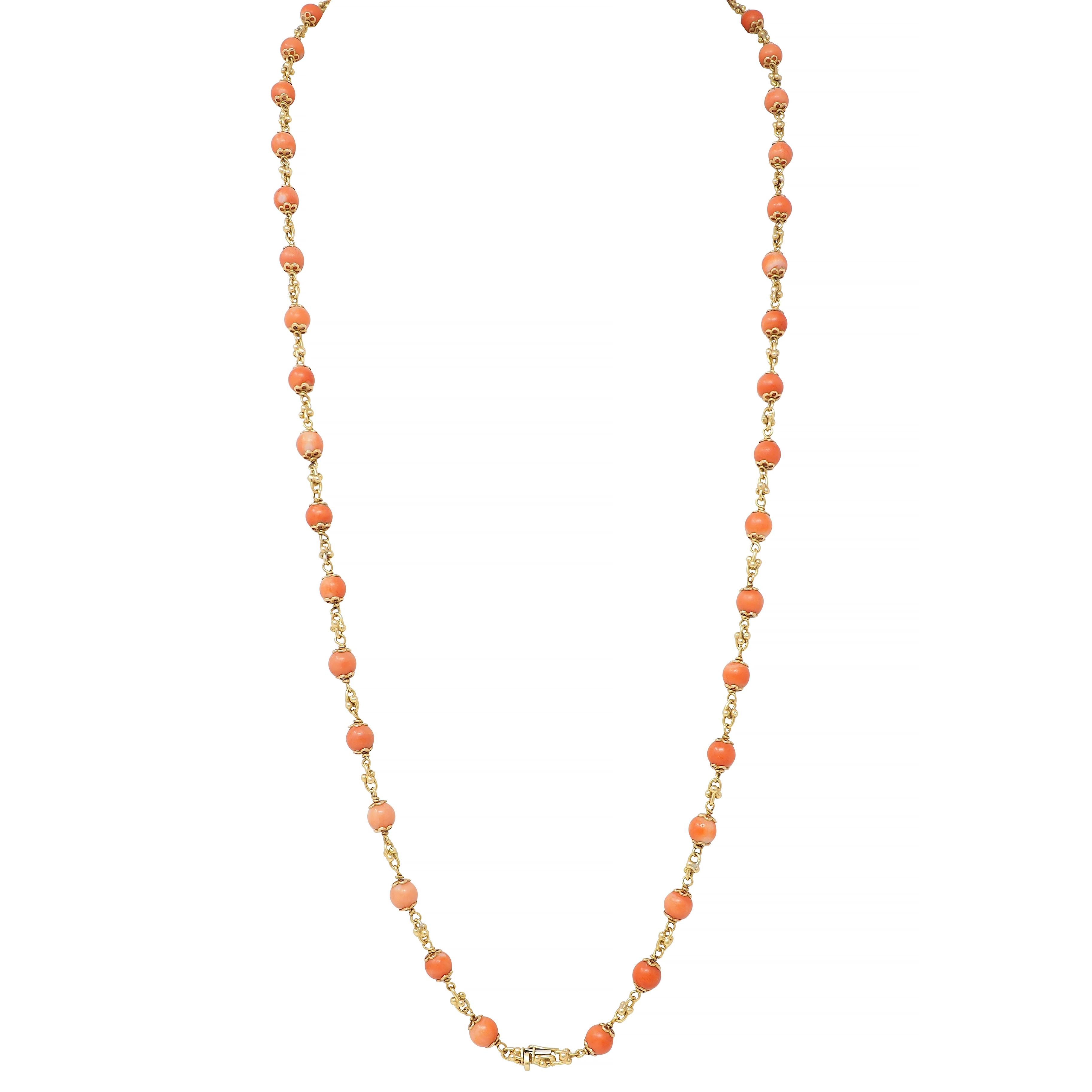 French Coral 18 Karat Yellow Gold Vintage Beaded Chain Link Bracelet & Necklace