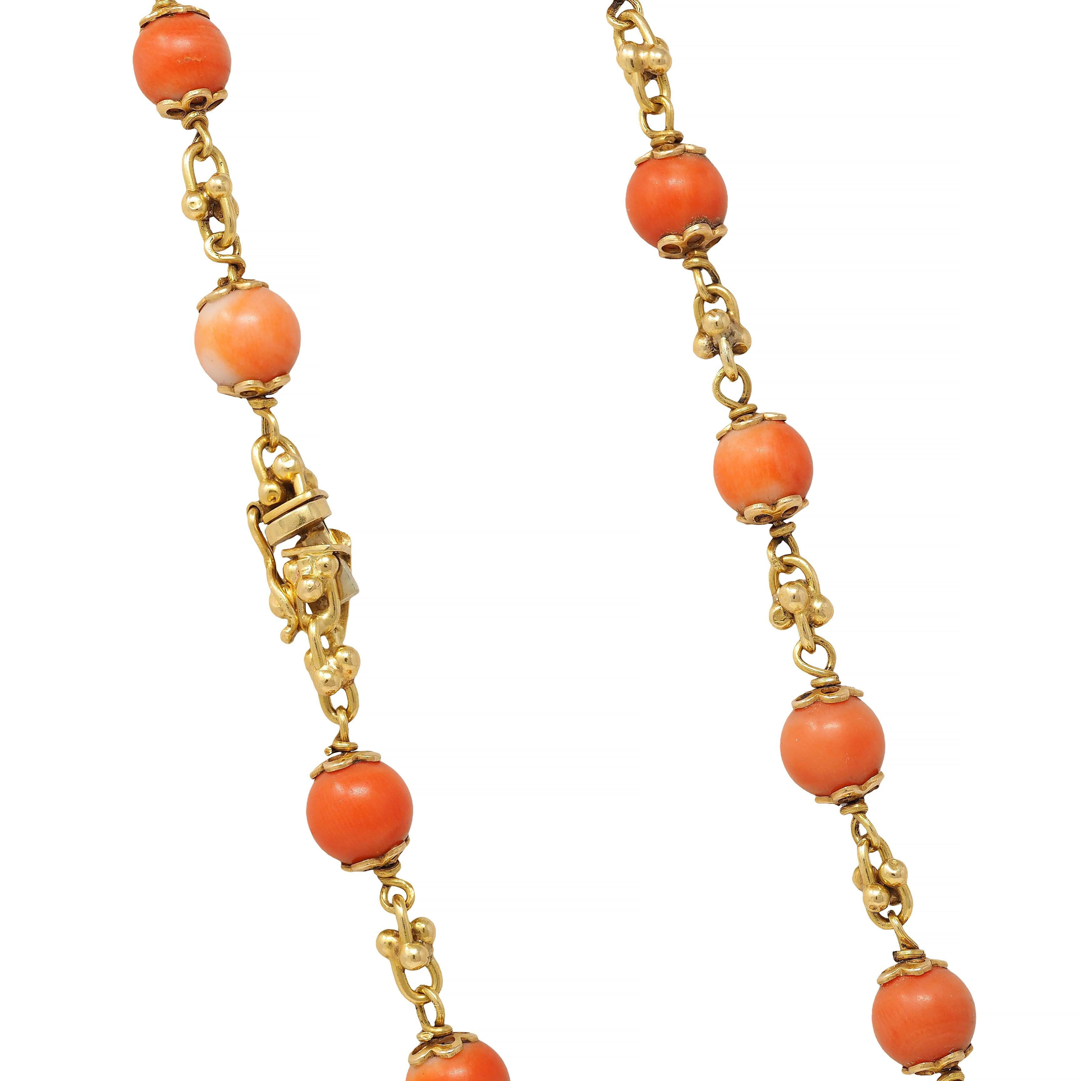 French Coral 18 Karat Yellow Gold Vintage Beaded Chain Link Bracelet & Necklace