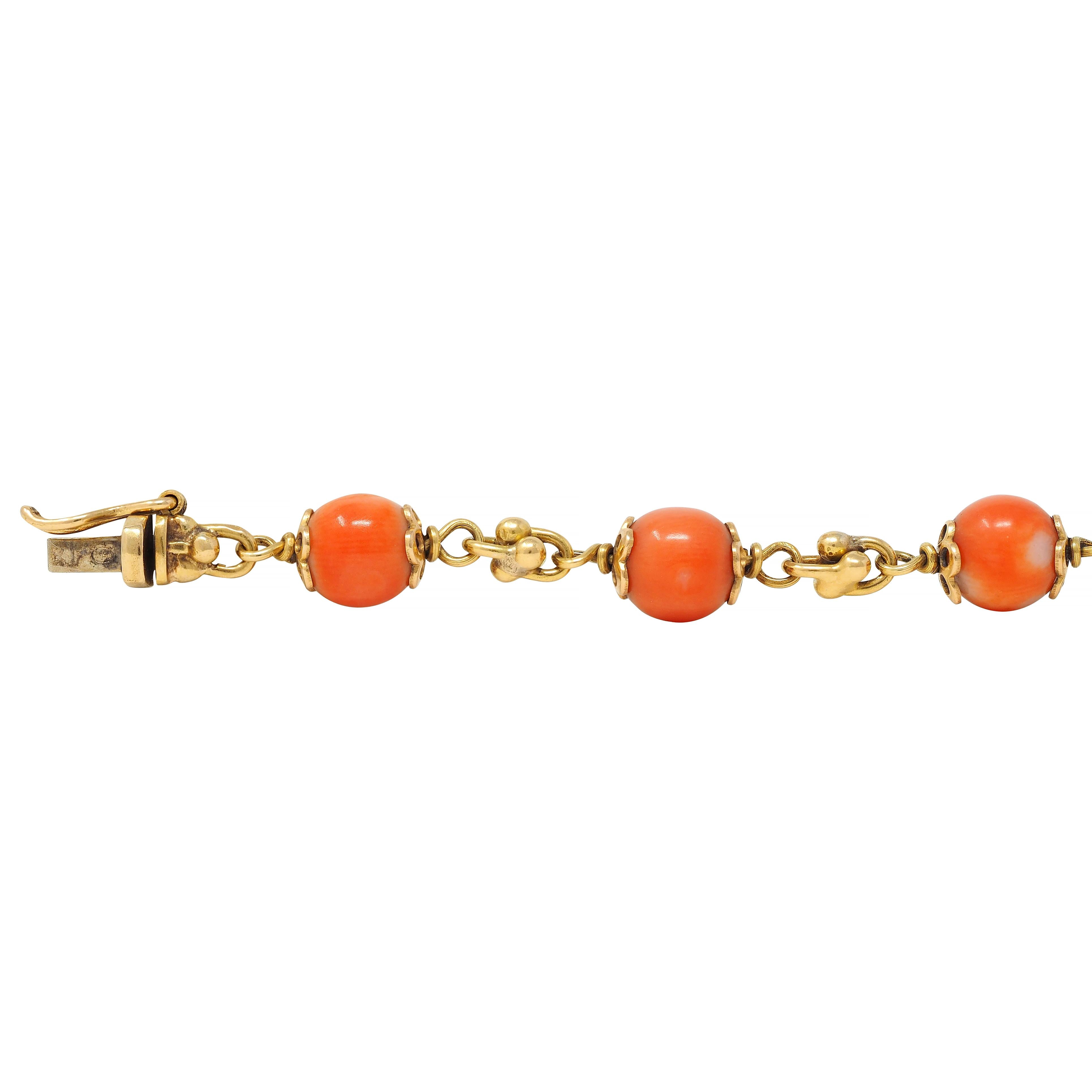 French Coral 18 Karat Yellow Gold Vintage Beaded Chain Link Bracelet & Necklace