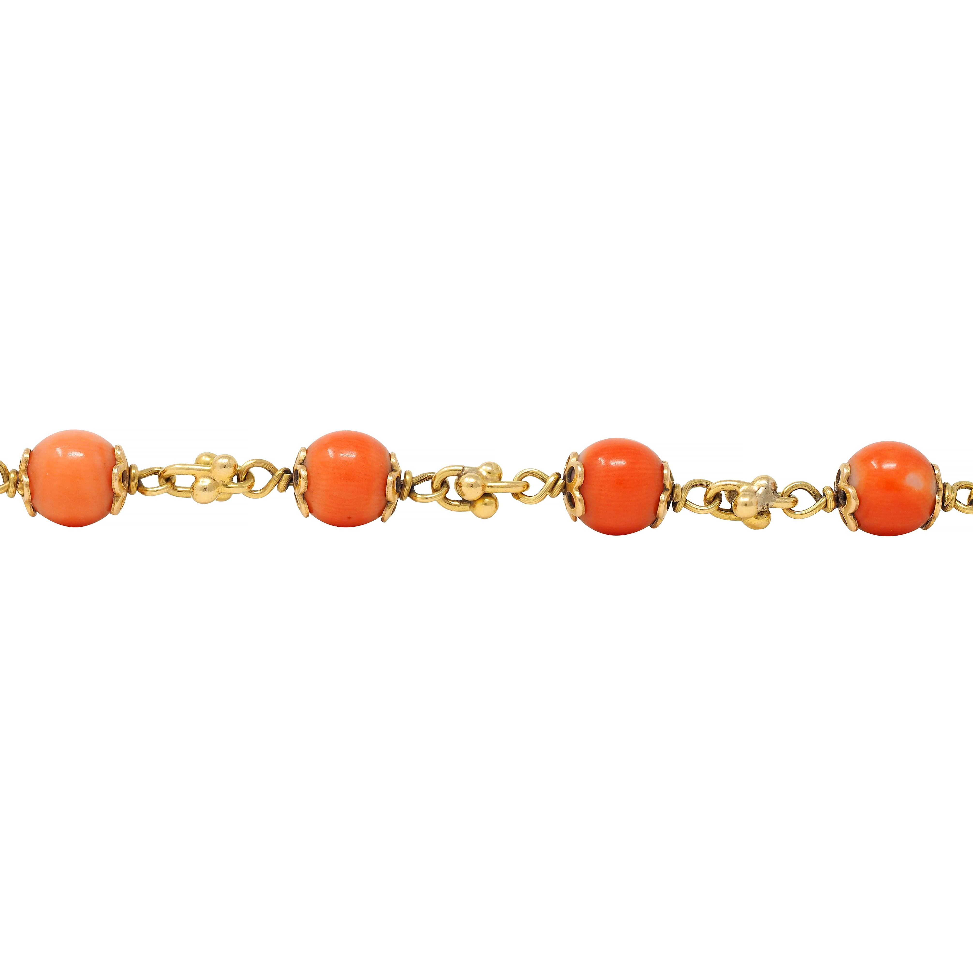 French Coral 18 Karat Yellow Gold Vintage Beaded Chain Link Bracelet & Necklace
