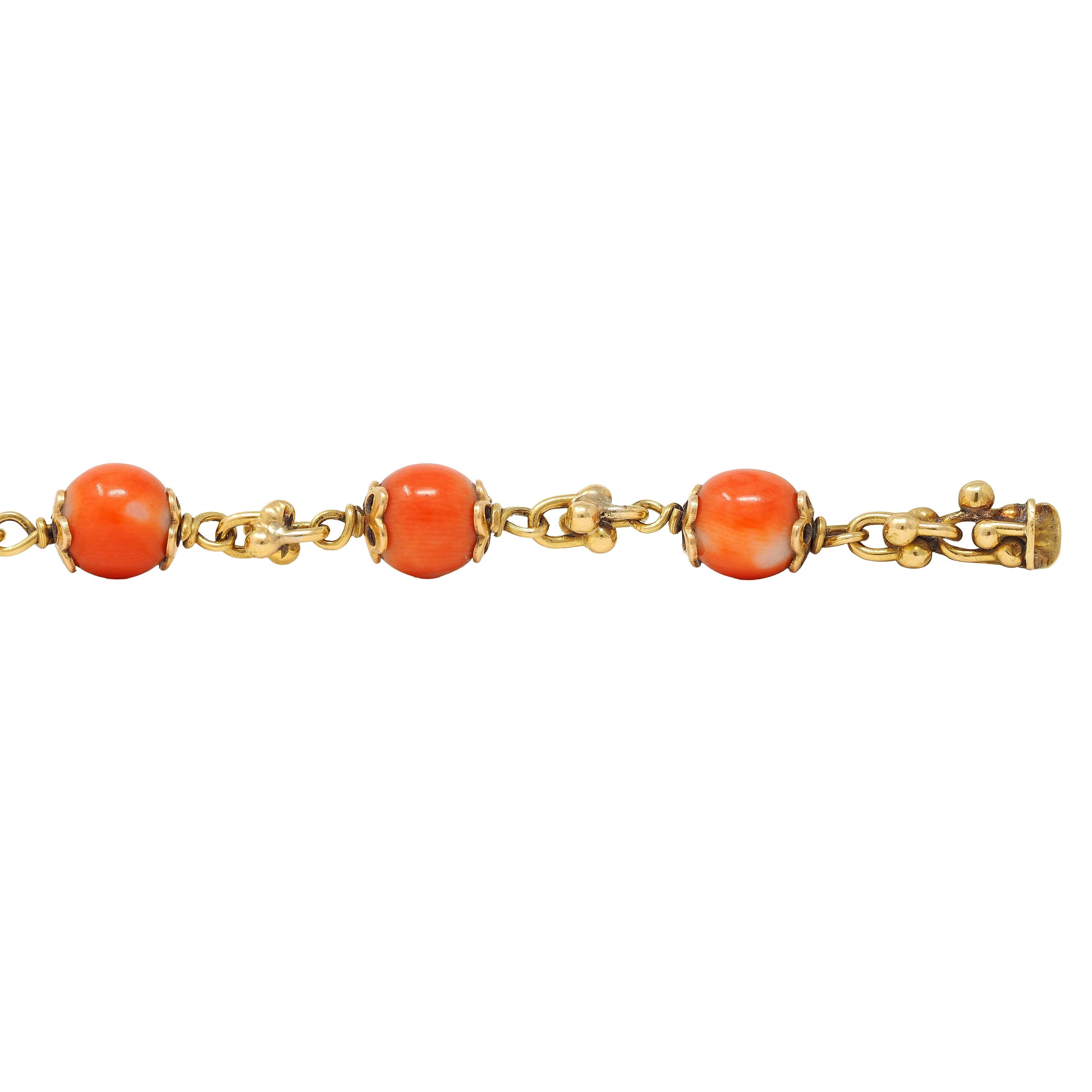 French Coral 18 Karat Yellow Gold Vintage Beaded Chain Link Bracelet & Necklace