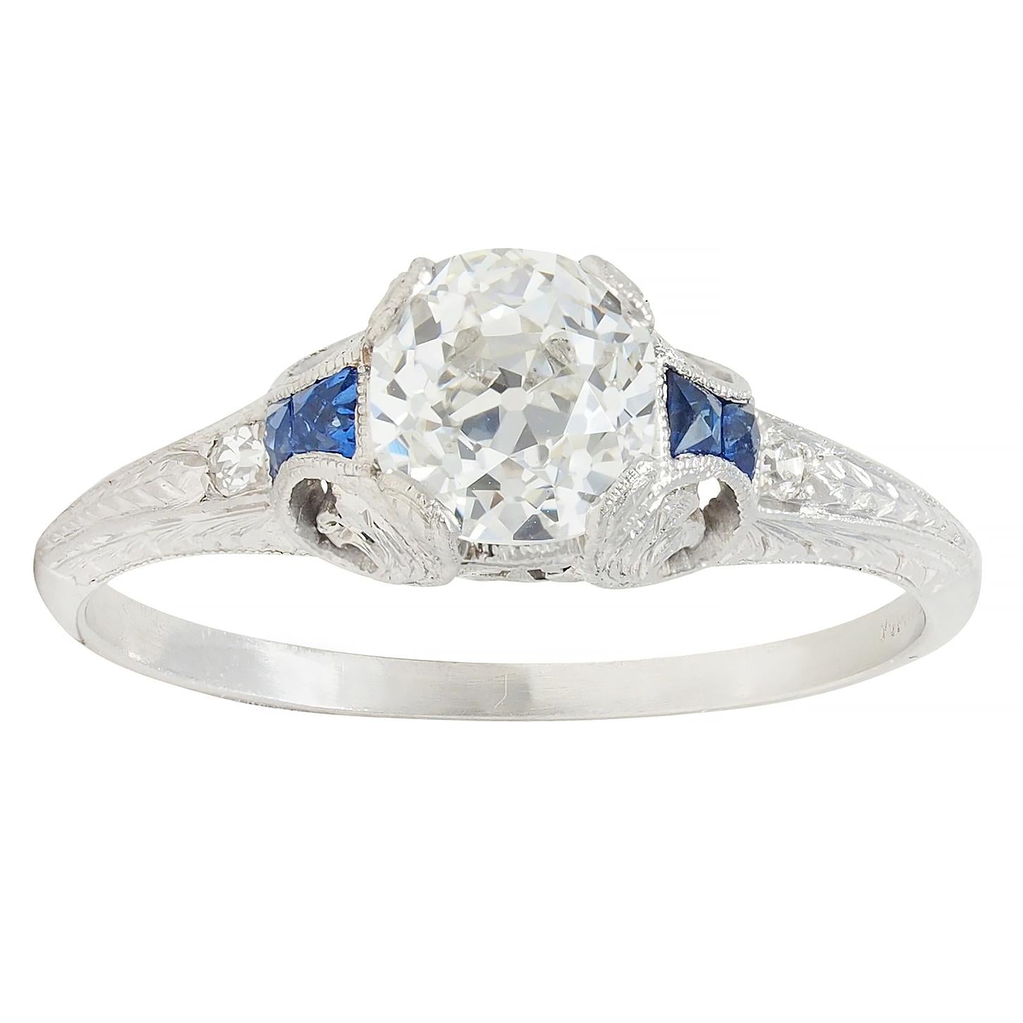Art Deco 1.15 CTW Old Mine Diamond Sapphire Platinum Vintage Engagement Ring GIA